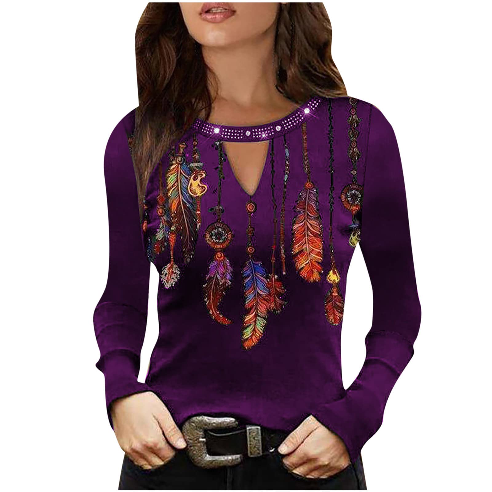 Women's Long Sleeve T-Shirts - Vintage Ethnic Print Blouse with Rhinestone & Cutout Details | Casual Crew Neck Tunic Top for Everyday Wear, Date Night & Boho Outfits