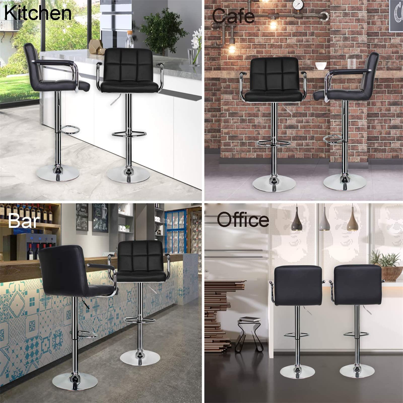 EUCO Set of 2 Swivel Bar Stools with Armrests & Back Support - Adjustable Height Leather Kitchen Stools for Breakfast Bar, Counter or Island - Perfect for Home Kitchen, Dining Room & Entertainment Areas
