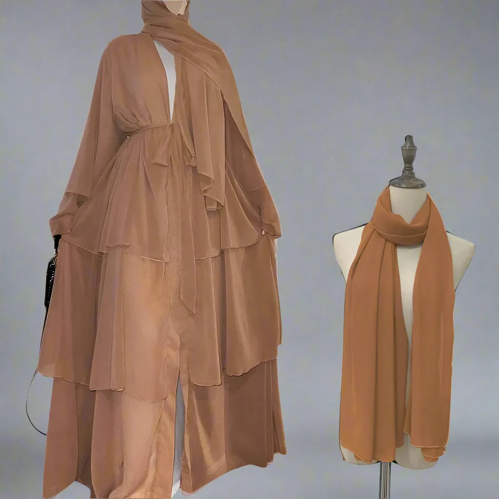 Elegant 3-Layer Chiffon Open Abaya Dress with Matching Hijab for Muslim Women - Perfect for Prayer, Modest Fashion & Special Occasions