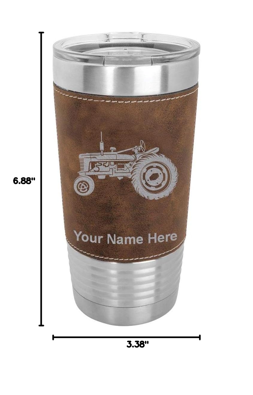 LaserGram 20oz Vacuum Insulated Stainless Steel Tumbler Mug with Personalized Engraving - Rustic Old Farm Tractor Design, Faux Leather Base | Keeps Drinks Hot/Cold for Hours | Perfect for Coffee, Tea, Camping, Office & Outdoor Activities