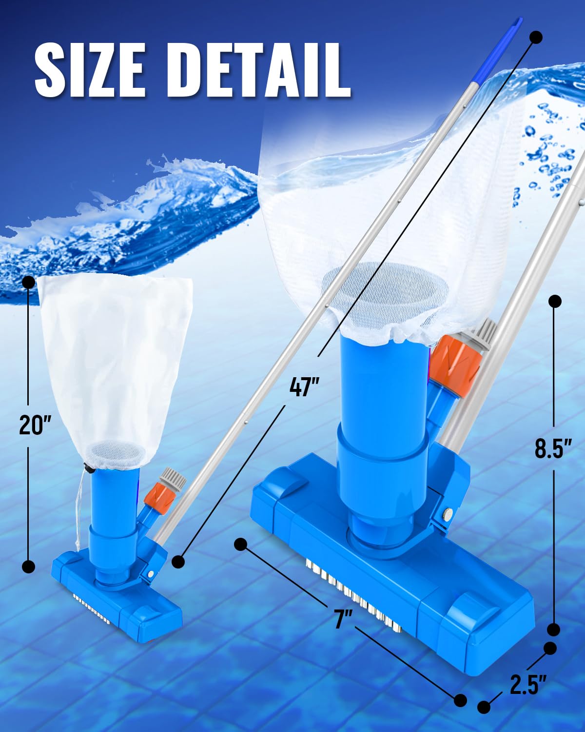 Portable Above Ground Pool Vacuum Cleaner with 3 Scrub Brushes, Mesh Bag & 47