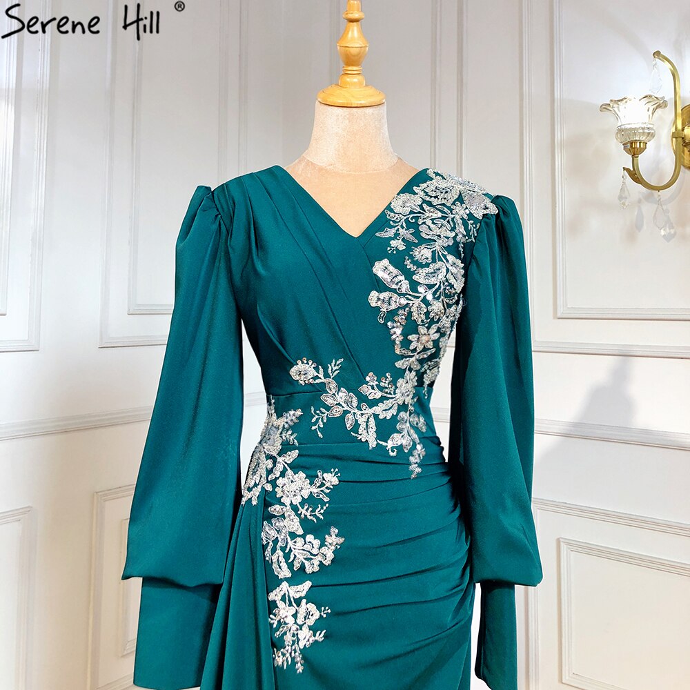 Elegant Muslim Green Mermaid Evening Dress with Beaded Satin Overskirt - Luxury Women's Party Gown for Special Occasions, Weddings & Formal Events - Serene Hill Collection LA71491
