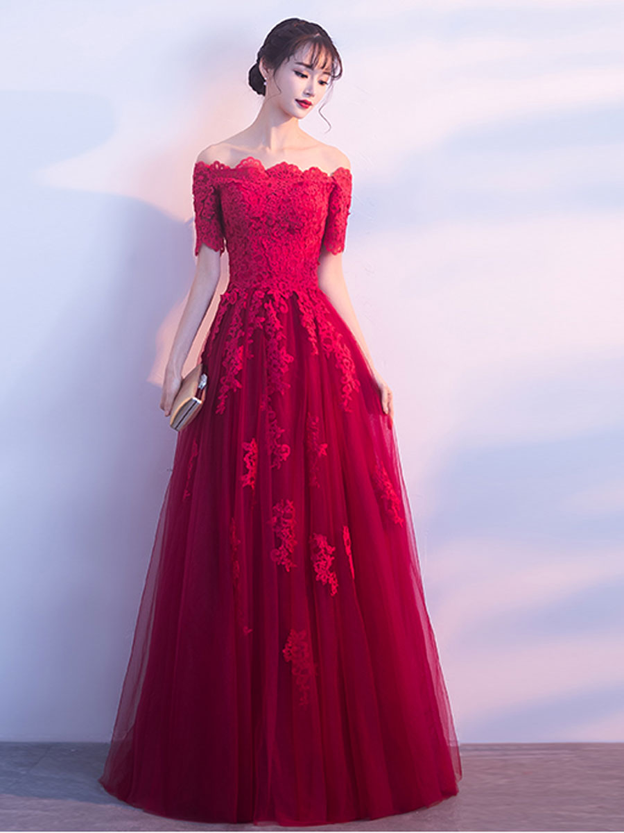 Elegant Burgundy Tulle Lace Long Prom Dress & Bridesmaid Gown - Perfect for Formal Dances, Weddings & Special Occasions