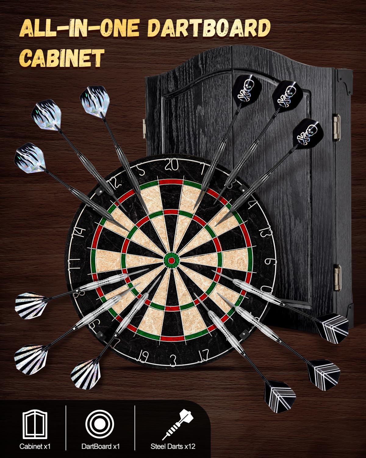 Premium Sisal Dart Board Cabinet Set with 12 Steel Darts - Wooden Dartboard Cabinet with Integrated Scoreboard for Adults & Family Game Rooms - Perfect for Home Bars, Game Rooms, and Man Caves