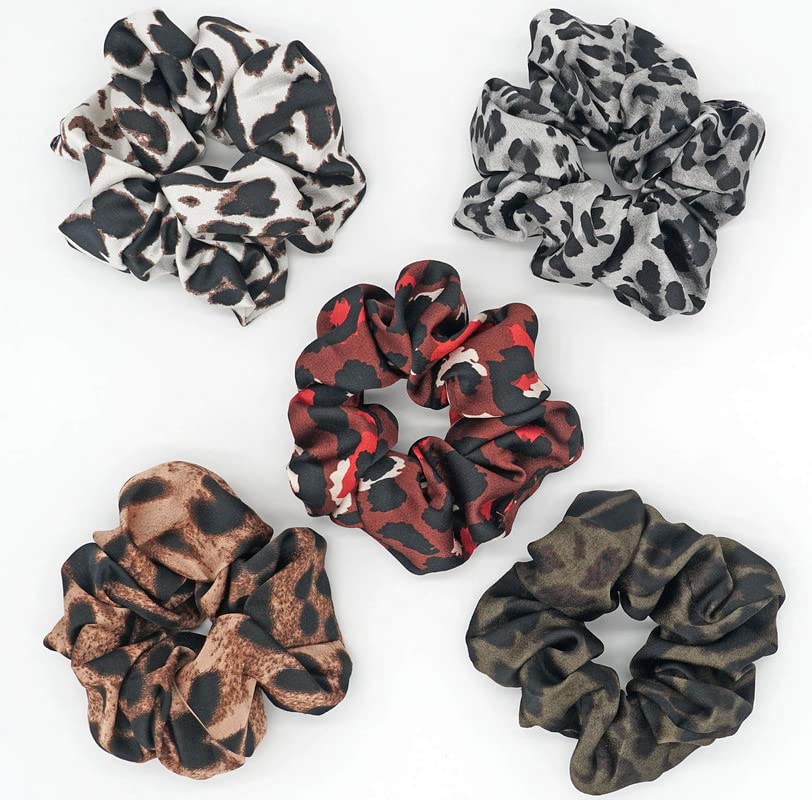 Cheetah Print Hair Scrunchies 5-Pack - Large Fashion Chiffon Leopard-Pattern Ponytail Holders, Elastic Hair Ties & Bands for Women - Perfect for Workouts, Office, and Casual Styling
