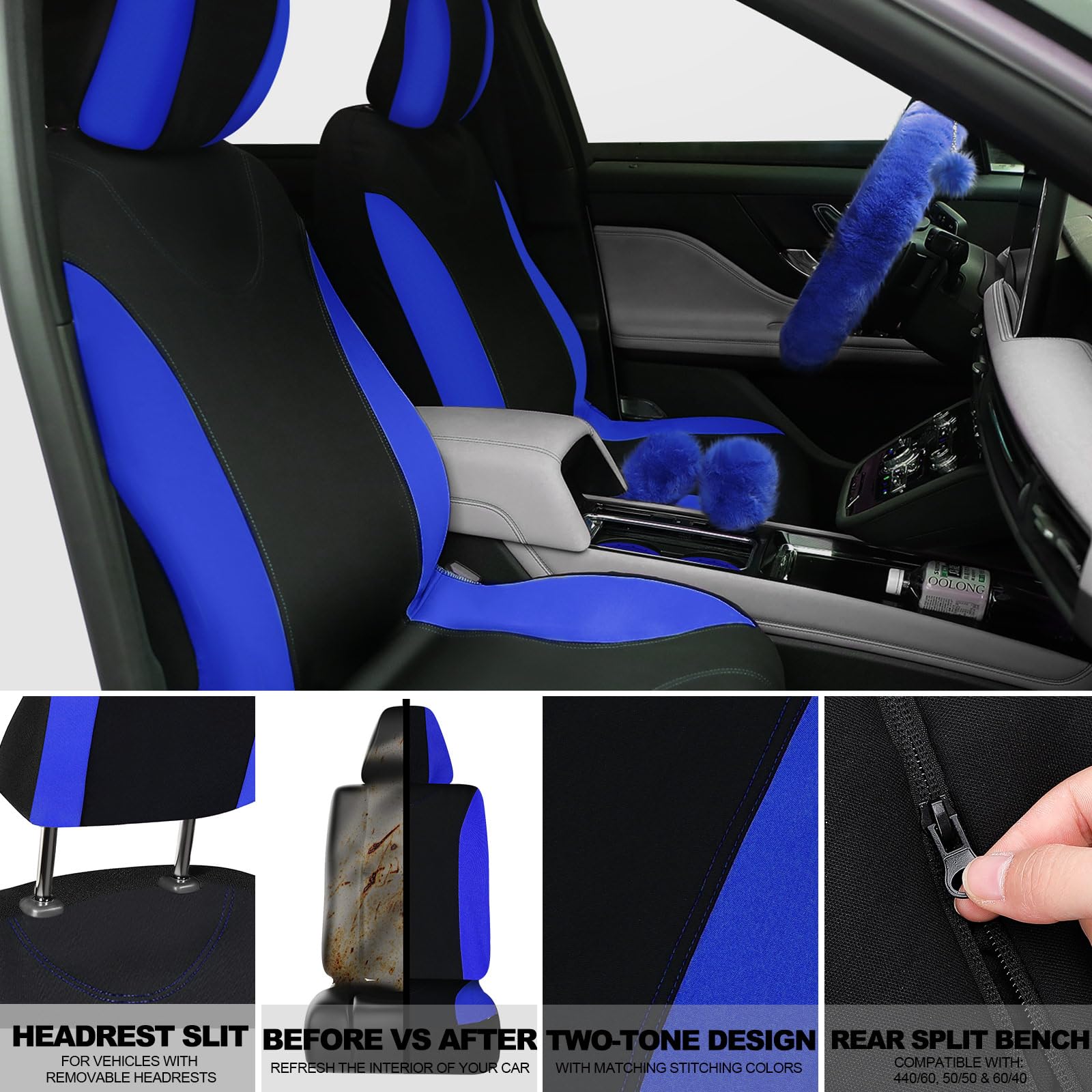 **Woanger 47-Piece Full Set Car Seat Covers for Women - Fluffy Steering Wheel Cover, Seat Belt Pads, Floor Mats & AC Decor Strips - Universal Fit (Blue) - Perfect for Comfort & Style in Sedans, SUVs & Trucks**