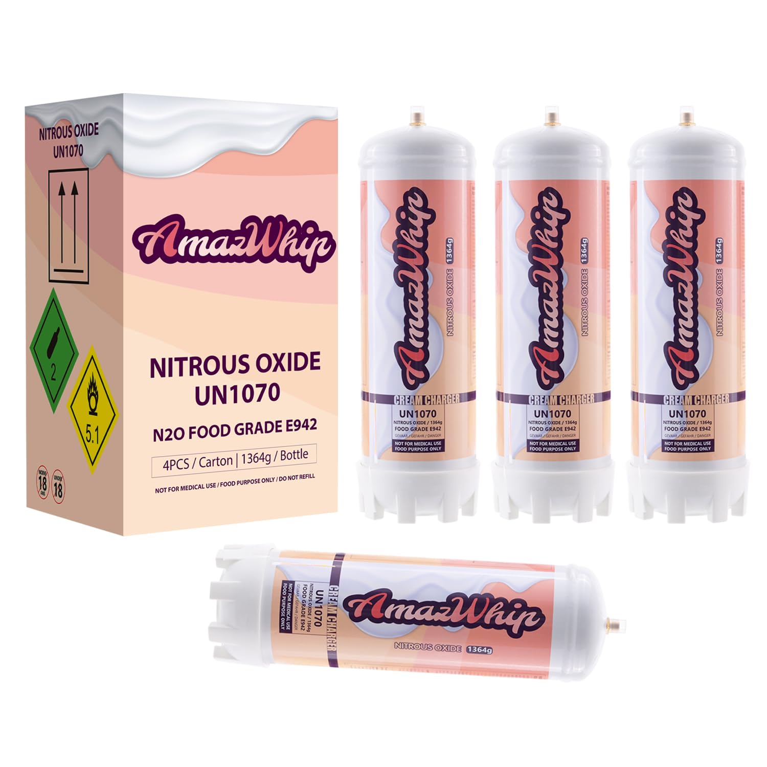 Premium 2.2L Whipped Cream Chargers (4-Pack) - Food Grade N2O Cartridges for Professional Desserts, Coffee Shops & Home Baking
