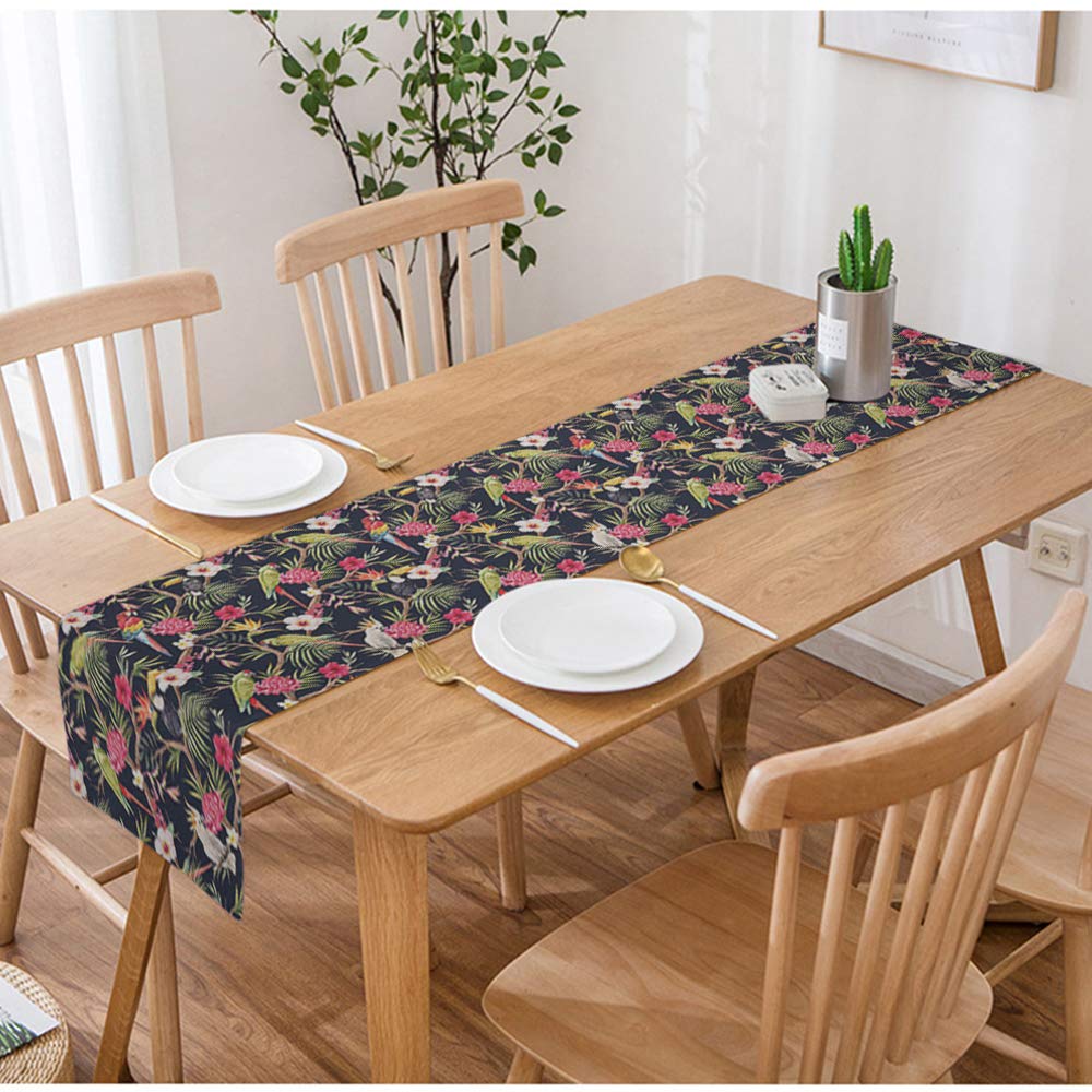 Swono Watercolor Tropical Plants Table Runner - Cotton Linen Kitchen Decor with Hibiscus, Palm Leaves & Toucan Design (14