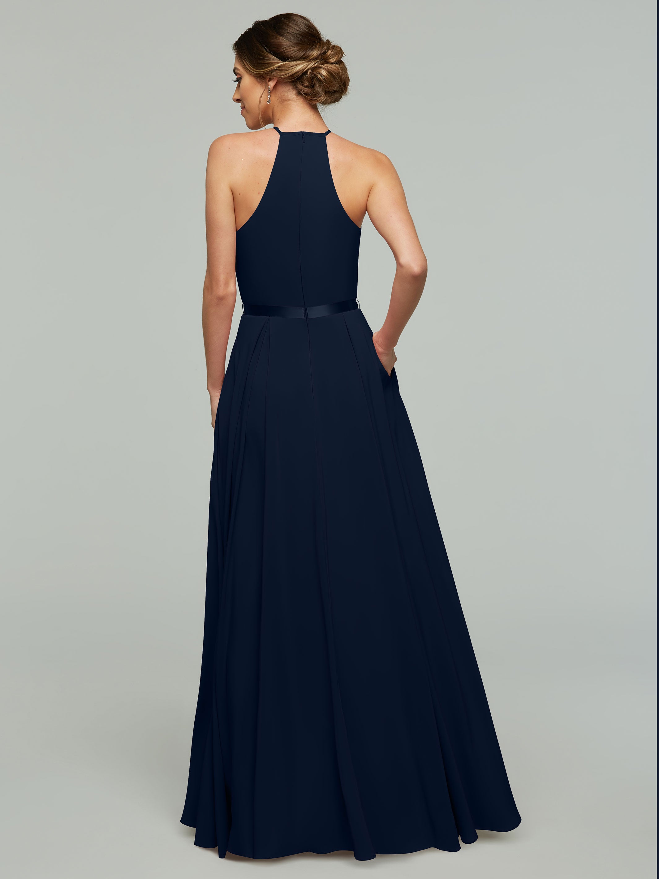 Elegant A-Line Stretch Chiffon Bridesmaid Dress with Halter Neckline & Adjustable Waist Belt - Perfect for Weddings, Formal Events & Special Occasions