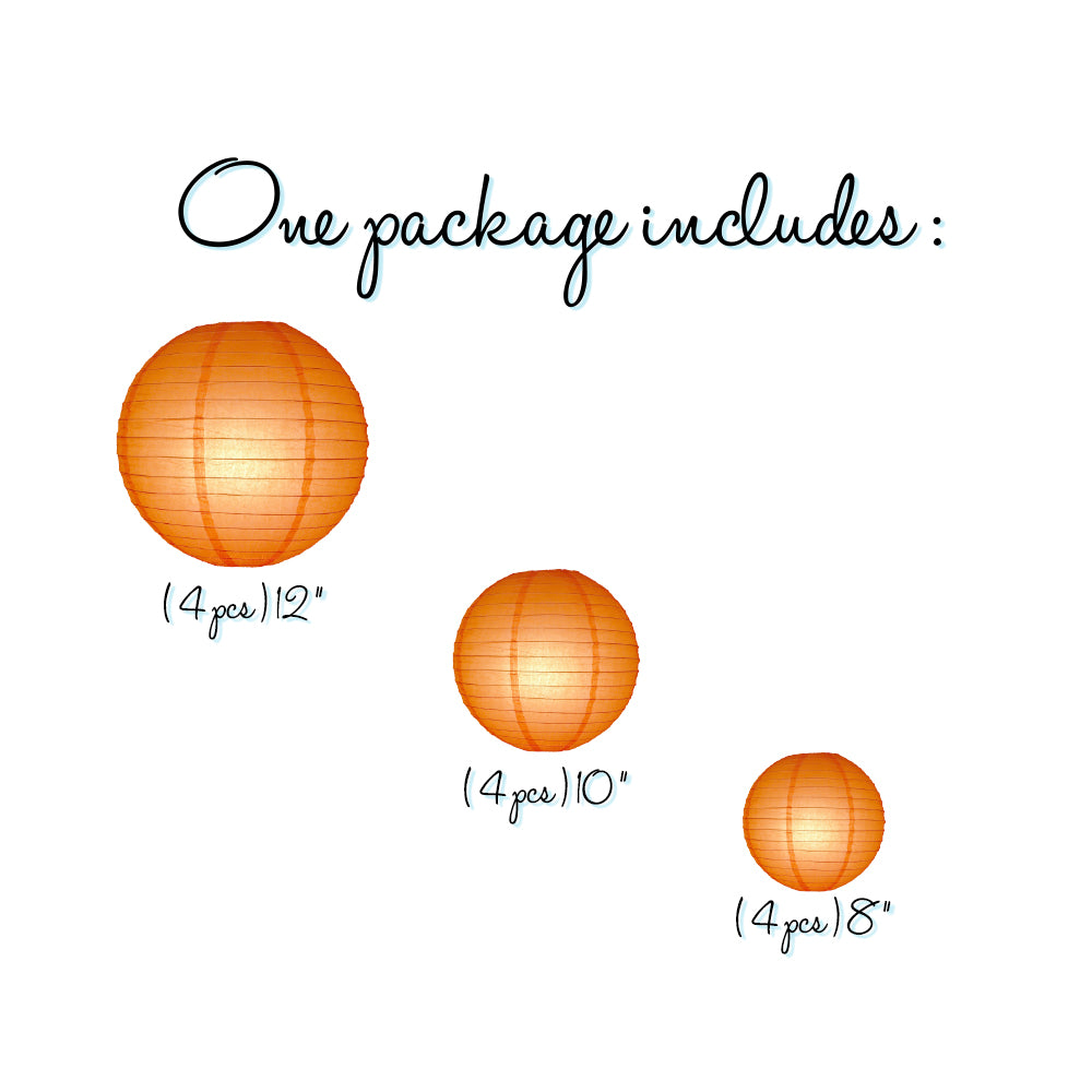 12-Piece Orange Paper Lantern Set - Chinese Hanging Decorations for Wedding, Party & Festival (12/10/8 Inch) - Perfect for Asian-Themed Events, Home Decor & Outdoor Celebrations