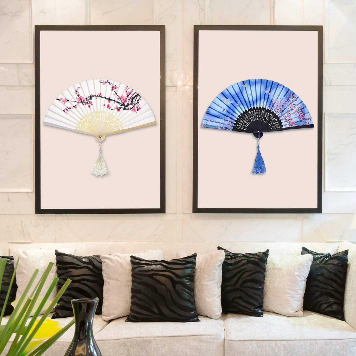 2 Pack Folding Handheld Bamboo Fans with Tassel - Traditional Chinese Style Women's Hollow Carved Hand Fans for Wall Decor, Wedding Favors, Photo Props & Summer Cooling (Cherry Blossom & Butterfly Design)