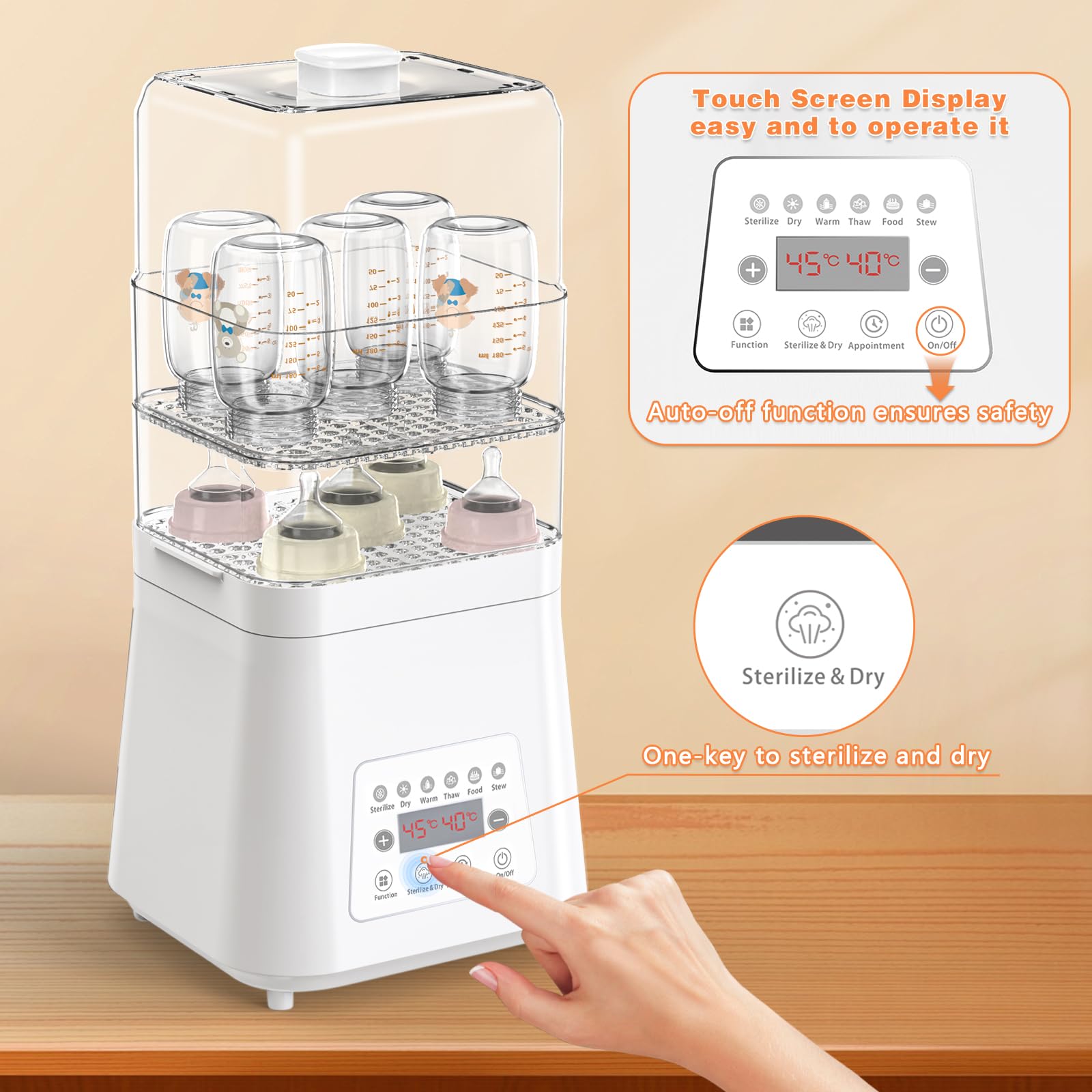 Fisca 8-in-1 Large Capacity Baby Bottle Sterilizer and Dryer - Electric Steam Sanitizer for Bottles, Pacifiers & Breast Pump Parts - Fast Sterilization, Drying & Warming with Touch Screen - Perfect for Nursery, Travel & Daily Baby Care