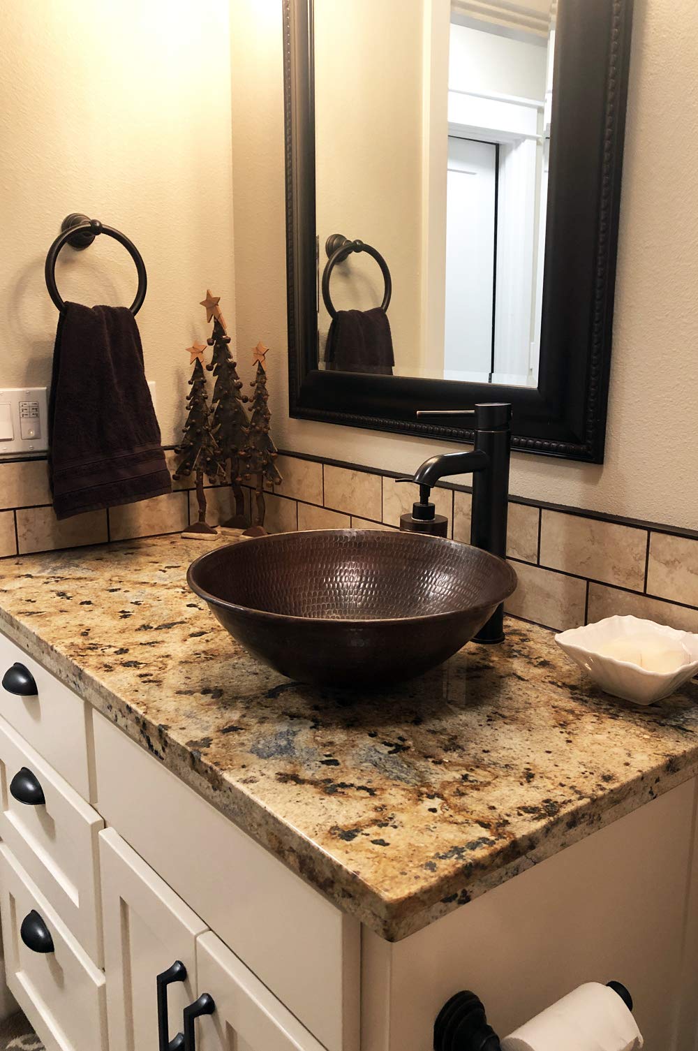 Premier Copper Products VR15WDB 15-Inch Round Hammered Copper Vessel Sink with Wired Rim - Perfect for Farmhouse, Rustic & Modern Kitchen Bathroom Vanities