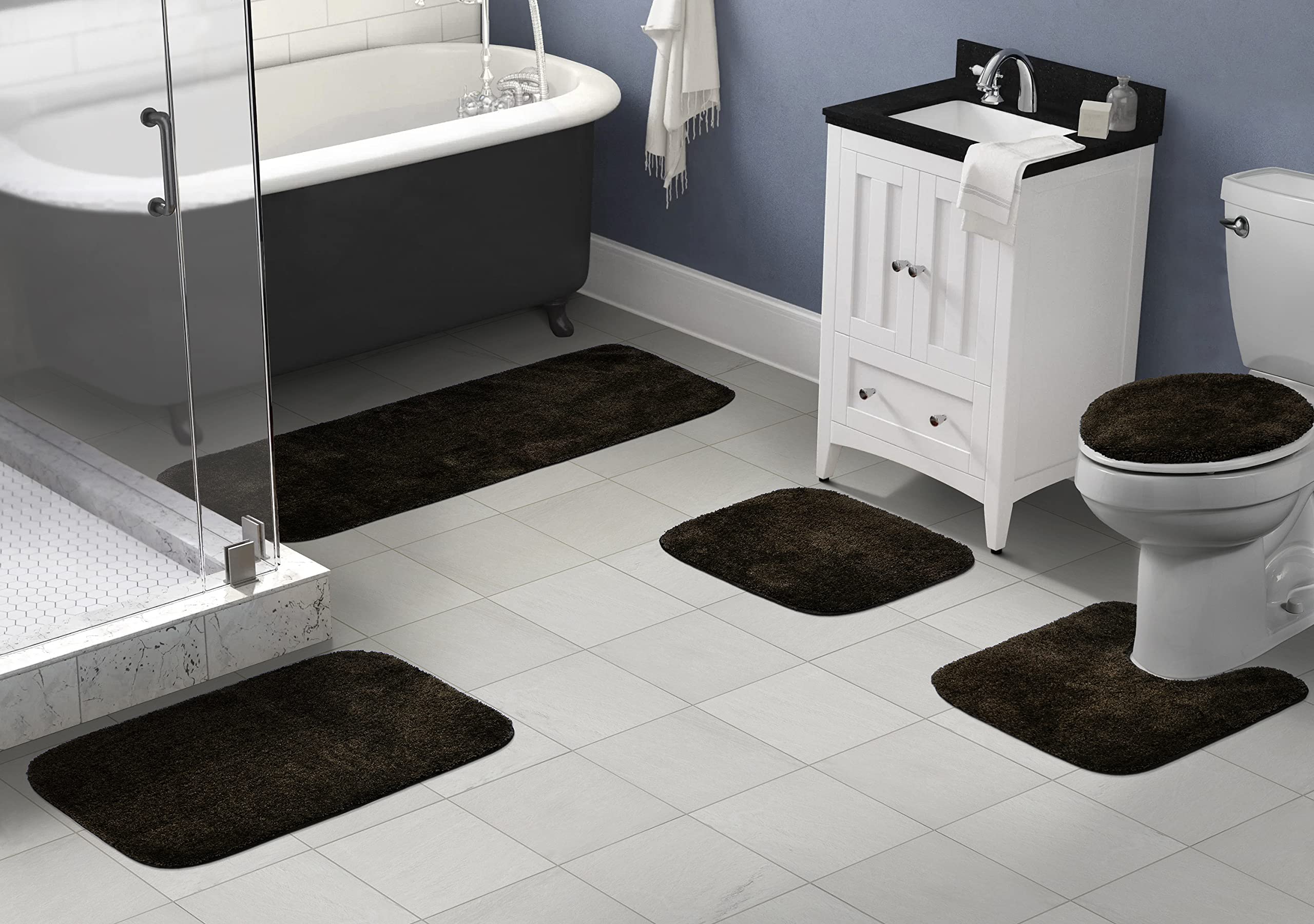 Garland Rug Traditional Nylon Washable Chocolate 5-Piece Bathroom Rug Set - Soft, Absorbent, Non-Slip Mats with Lid & Contour - Perfect for Bathroom, Shower & Vanity Areas