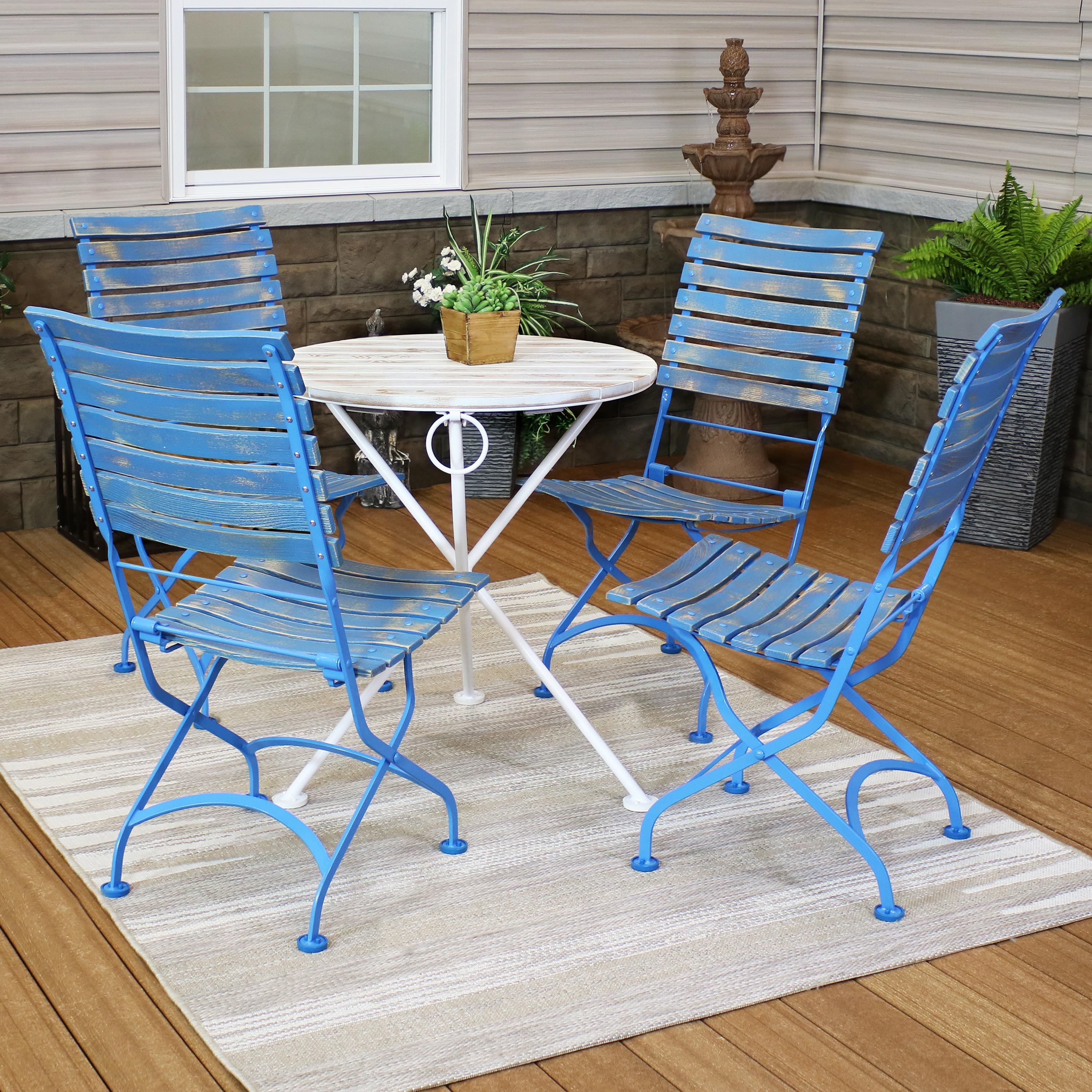 Sunnydaze Cafe Color 5-Piece Wooden Folding Bistro Table and Chairs Set - Blue | Outdoor Patio Dining Furniture for Garden, Backyard, and Poolside Relaxation