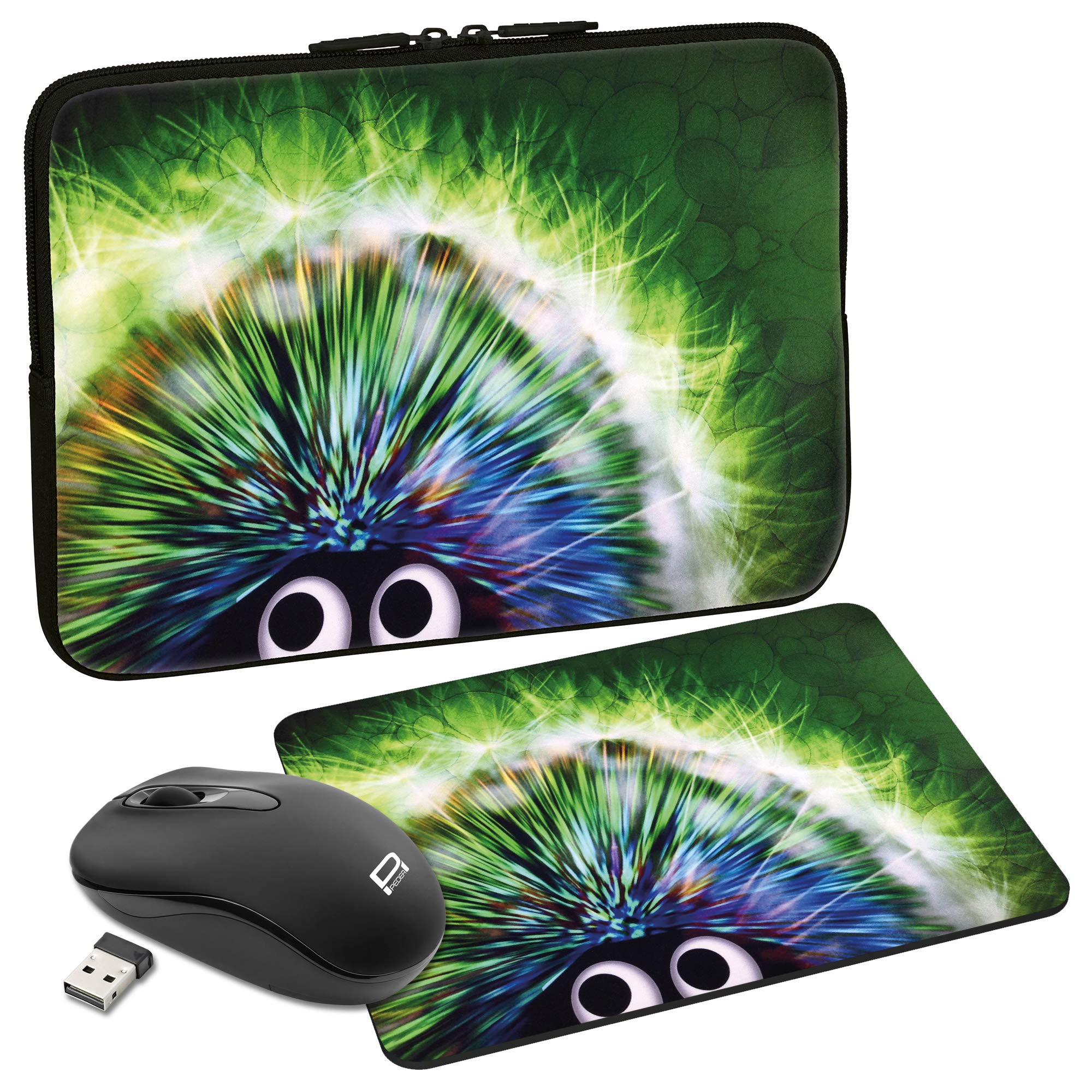 Premium Green Hedgehog Design Laptop Sleeve Case for 15.6 Inch Notebook - Includes Mouse Pad & Wireless Mouse - Perfect for Office, School & Travel Protection