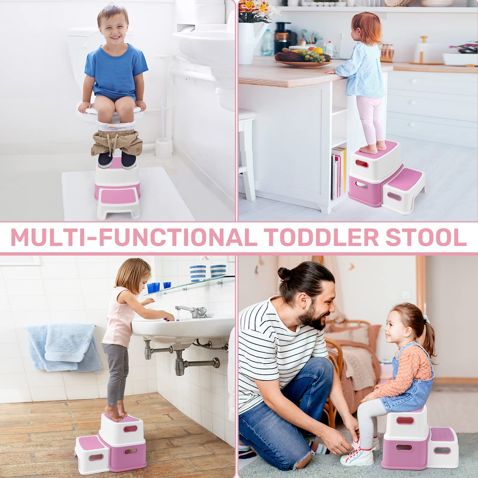 GARVEE 2-Step Toddler Stool for Potty Training & Bathroom Use - Non-Slip Kids Step Stool with ABC/Numbers - Perfect for Toilet Training, Kitchen & Bathroom Safety (Pink)