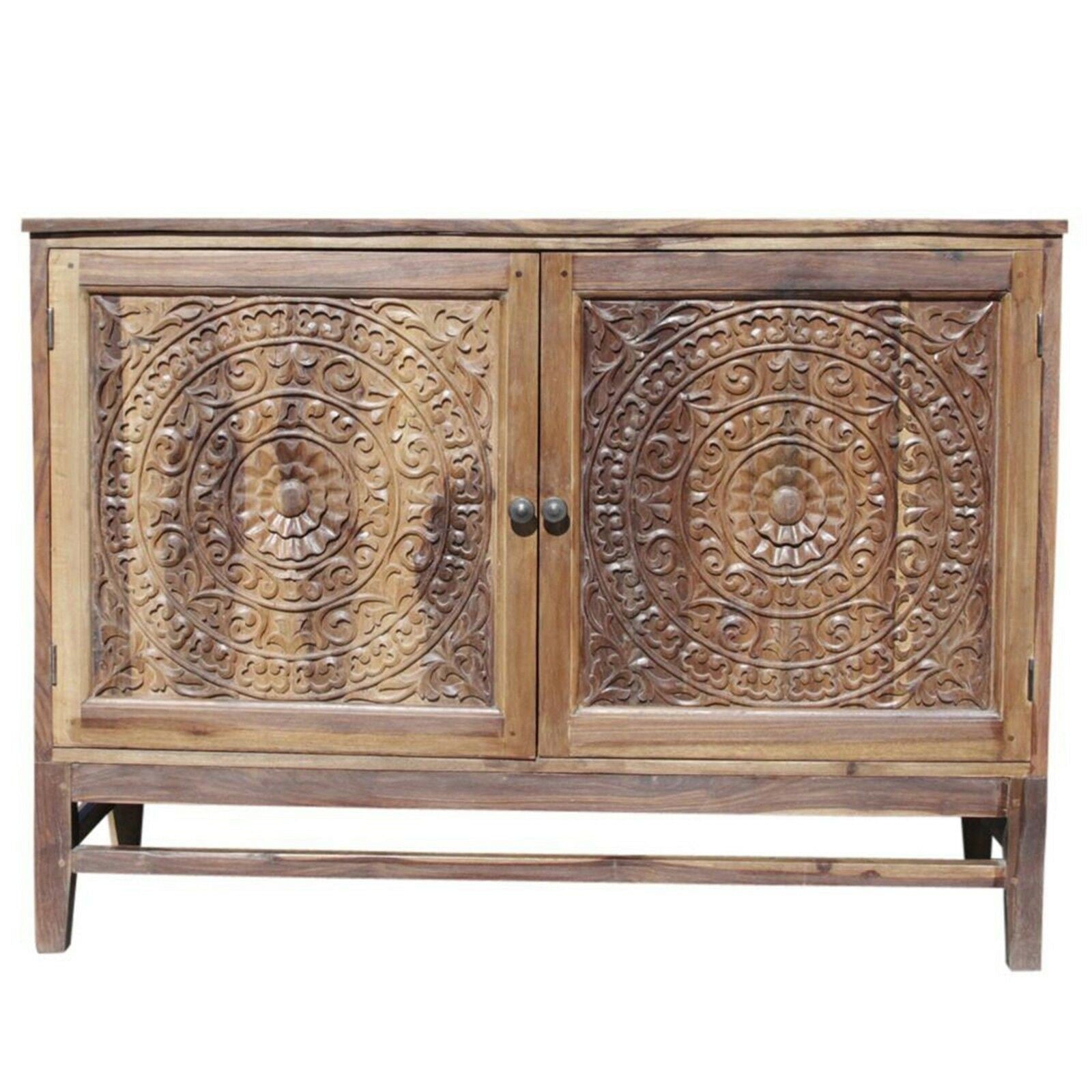 Hand Carved Solid Wood Sideboard with Natural Finish - Rustic Entryway Buffet for Dining Room & Living Room Storage