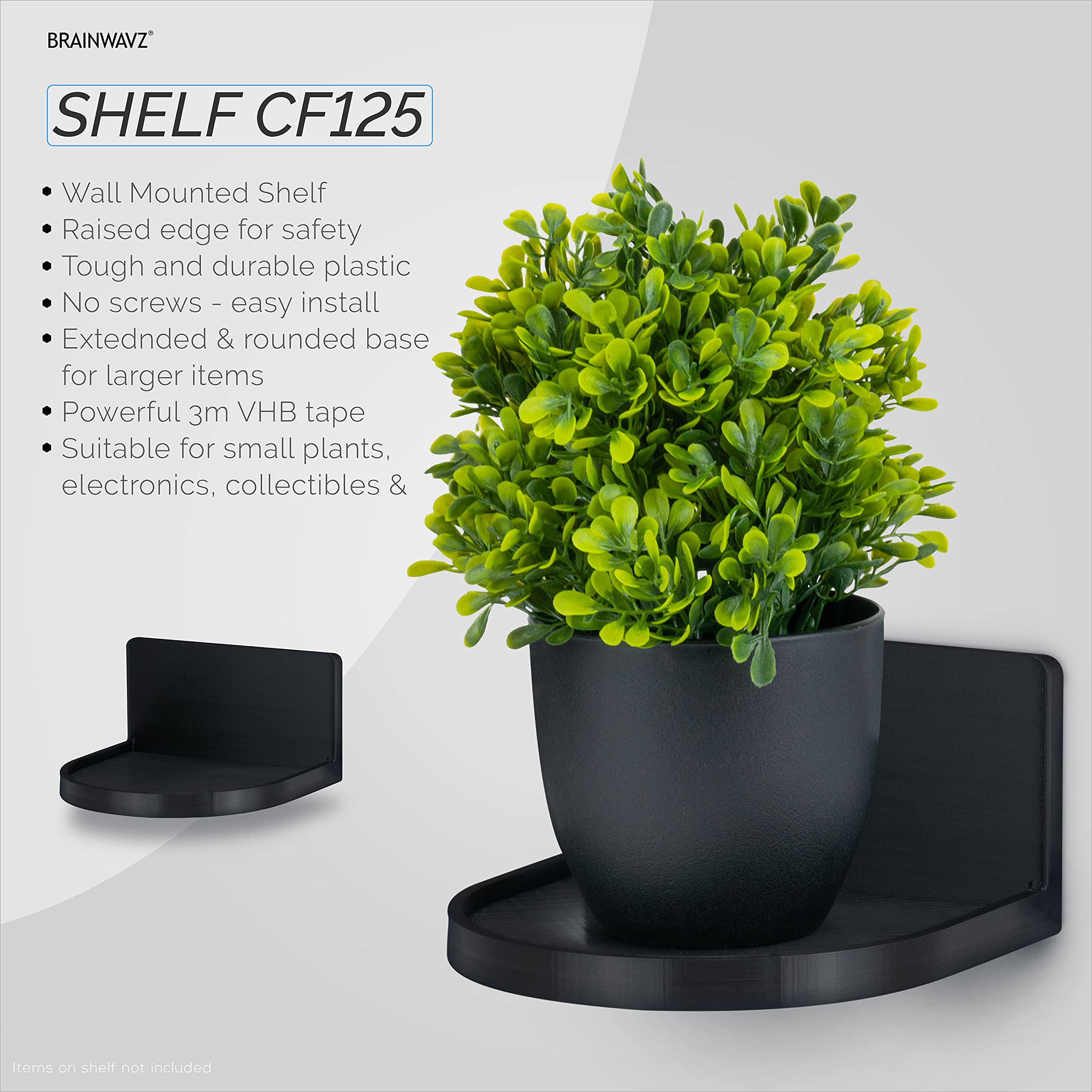 BRAINWAVZ Universal Screwless Round Floating Shelf Mount - Strong Adhesive for Security Cameras, Baby Monitors, Speakers, Plants & Toys - Easy to Install 4.6” x 4.2” (CF125) Black - Perfect for Home, Office & Nursery Organization
