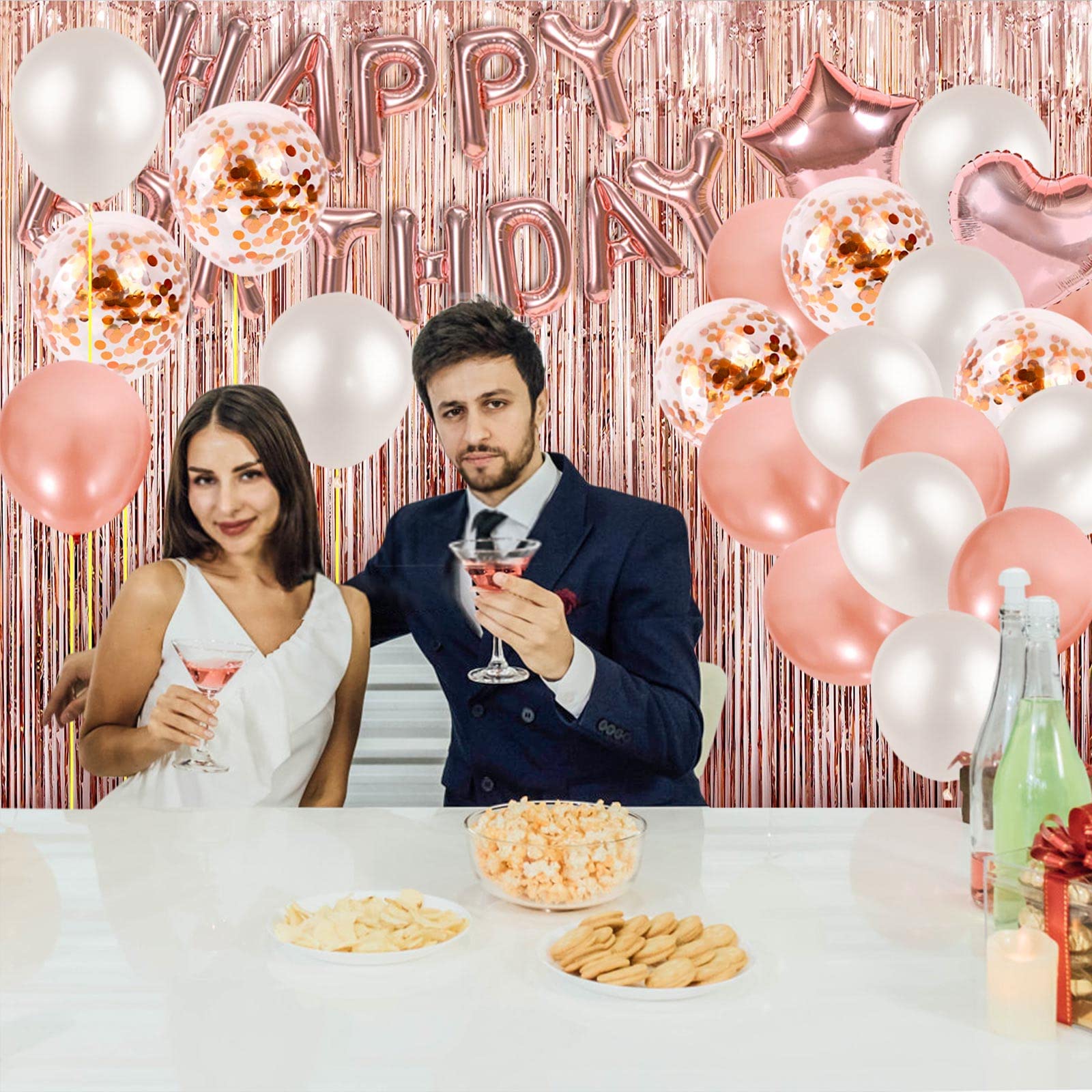 49-Piece Rose Gold Birthday Party Decorations Set - Balloons, Fringed Curtain & 16-Inch Happy Birthday Banner for Women's Birthday, Bridal Shower, Anniversary & Baby Shower Decor