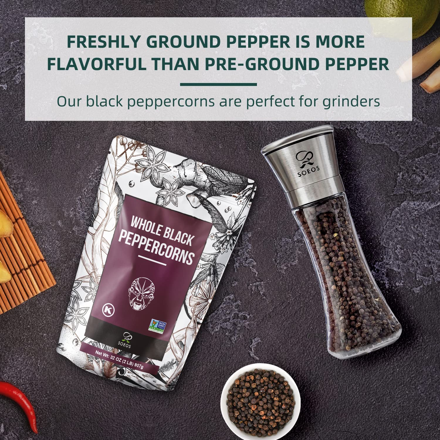 Premium Soeos Whole Black Peppercorns 32oz - Non-GMO, Kosher Certified, Freshness-Sealed Packaging - Perfect for Pepper Grinder Refill & Gourmet Cooking - Ideal for Steaks, Salads, Soups & Home Kitchen Use