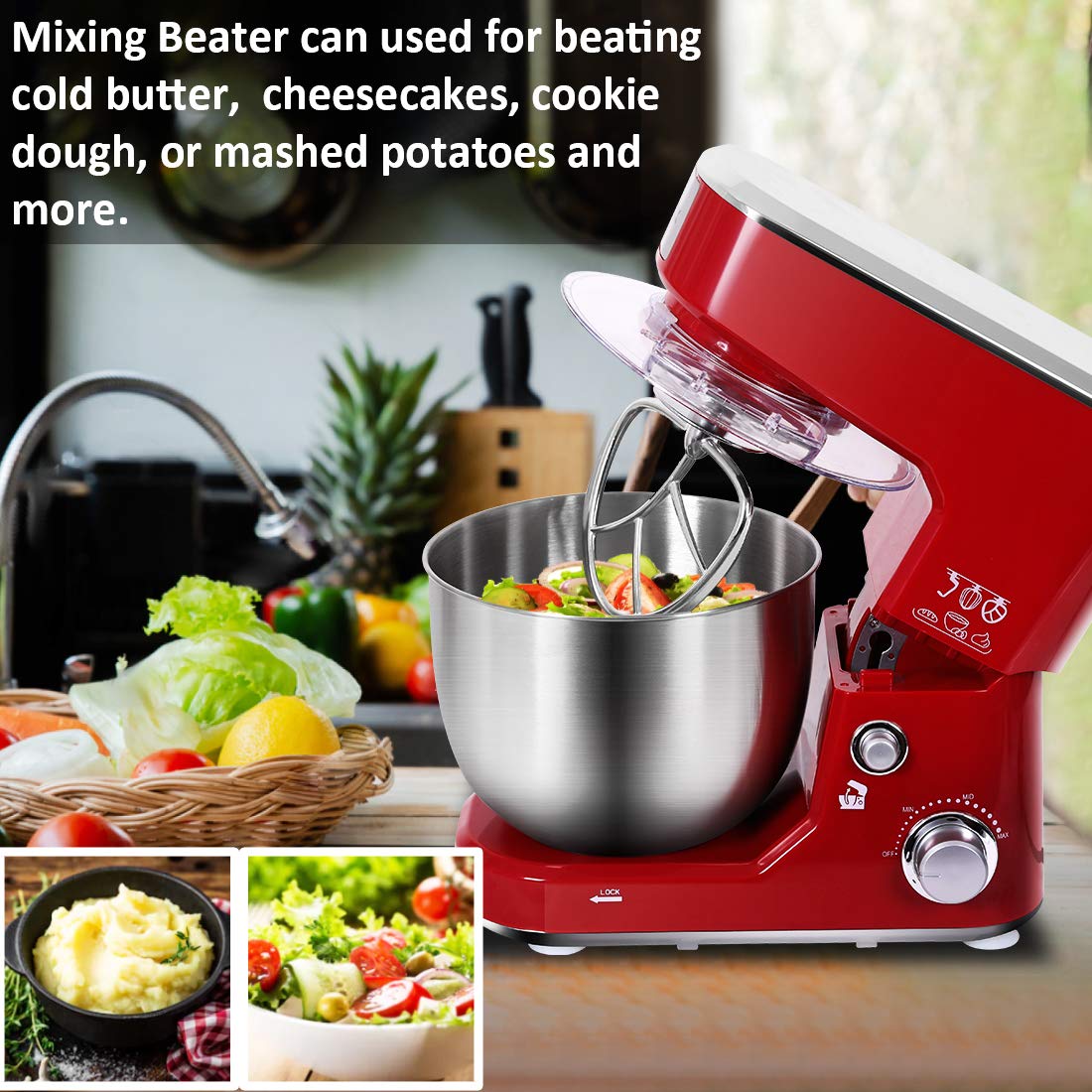 CUSIMAX 5-QT Stand Mixer with Stainless Steel Bowl - Tilt-Head Electric Kitchen Mixer with Dough Hook, Beater & Whisk - Splash Guard - Red - Perfect for Baking Cakes, Cookies & Bread Dough