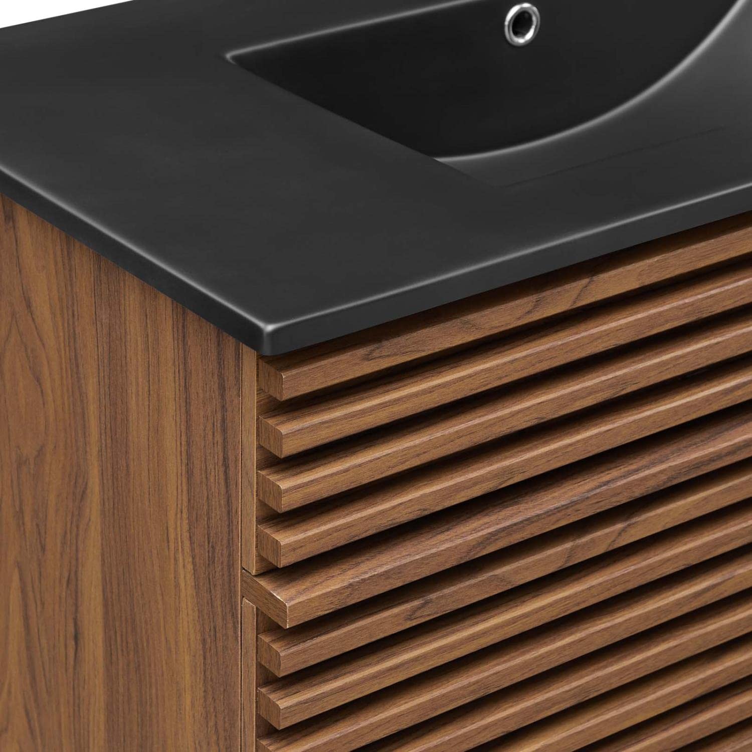 Modway Render 36 Inch Walnut Black Bathroom Vanity with Mirror - Modern Single Sink Vanity for Small Bathrooms & Powder Rooms