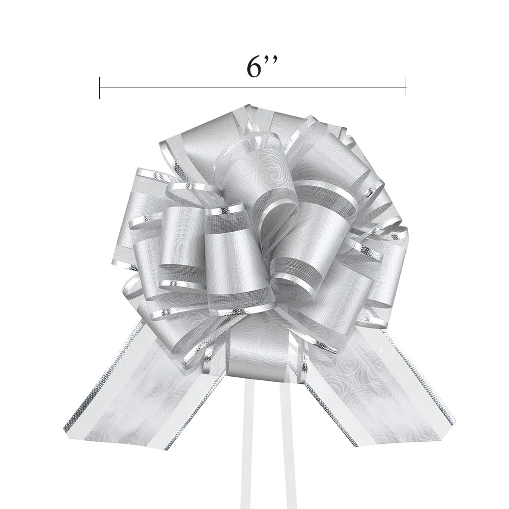 6-Piece Silver Pull Bow Gift Wrapping Ribbons - 6 Inch Wedding Present Bows for Packages, Gift Baskets, Christmas Decorations, Bridal Showers & Party Supplies (Perfect for Holiday Gifts, Wedding Favors & Festive Decor)