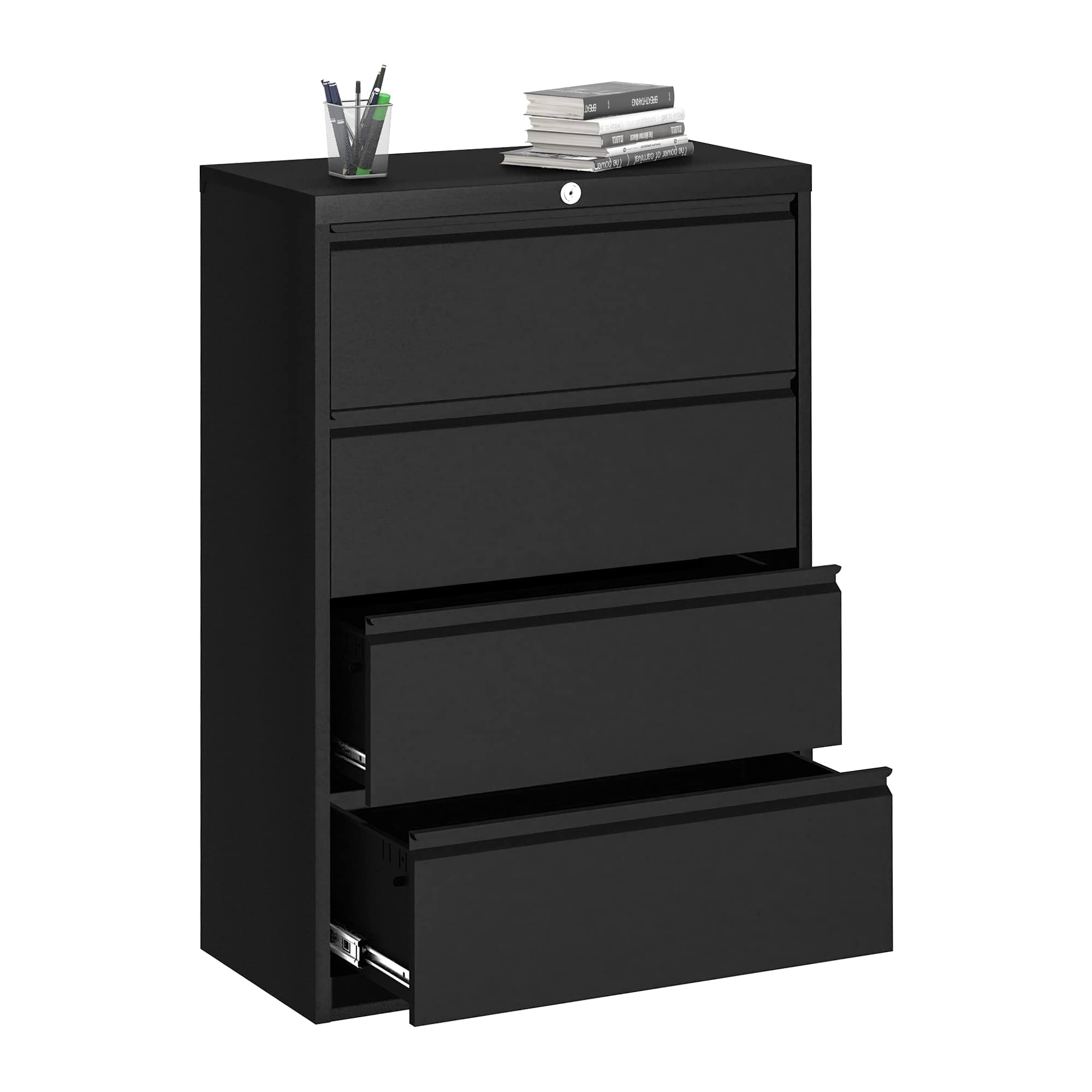 SUXXAN 4-Drawer Lateral File Cabinet with Lock - Black Metal Horizontal File Organizer for Home Office & Study | Perfect for Document Storage, Office Organization & Workspace Efficiency