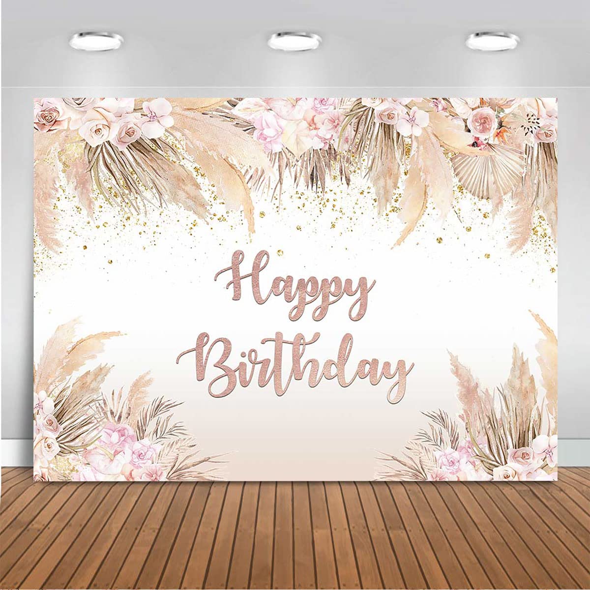Boho Happy Birthday Backdrop for Women & Girls - Bohemian Chic Pink Flowers & Pampas Grass Vinyl Photo Booth Background (8x6ft) - Perfect for Birthday Parties, Cake Tables, and Decorations
