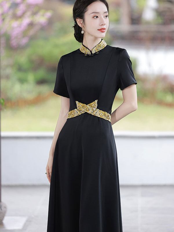 Elegant Green Black Belt Fit & Flare Maxi Cheongsam Qi Pao Dress - Vintage Chinese Style Evening Gown for Women - Perfect for Weddings, Parties & Special Occasions