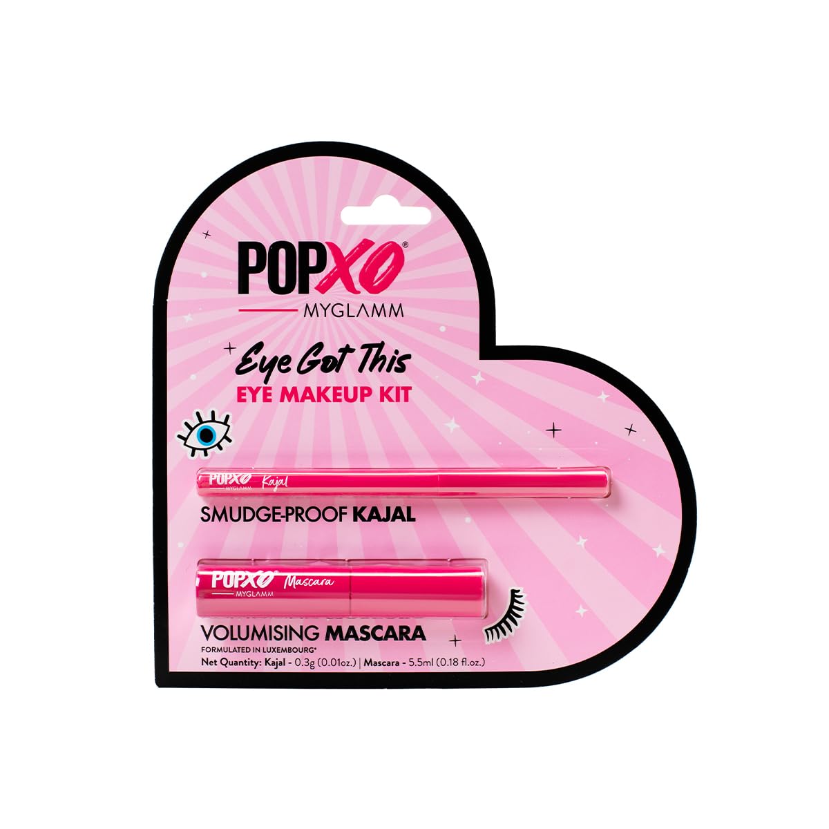 MyGlamm POPxo Eye Got This Kajal & Mascara Kit - Smudge Proof Black Eyeliner & Volumizing Mascara Set | Long Lasting, Waterproof Eye Makeup for Women | Perfect for Daily Wear, Parties & Special Occasions | 0.3g Kajal + 5.5ml Mascara with Hourglass Wand