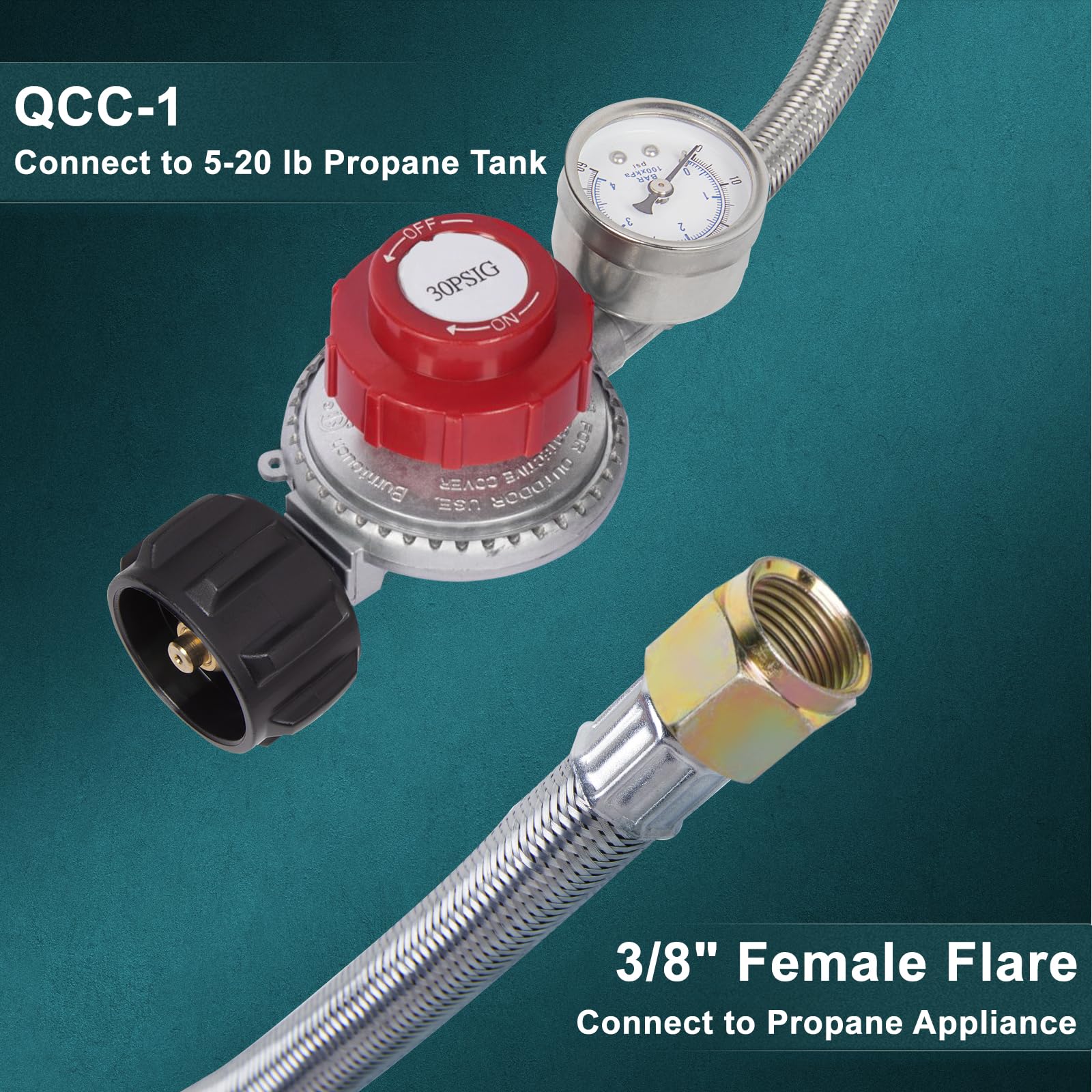 GASPRO 0-30 PSI Adjustable High Pressure Propane Regulator with Gauge & 5-Foot Stainless Steel Braided Hose - for Turkey Fryers, Gas Grills, Fire Pits, Patio Heaters & Outdoor Cooking