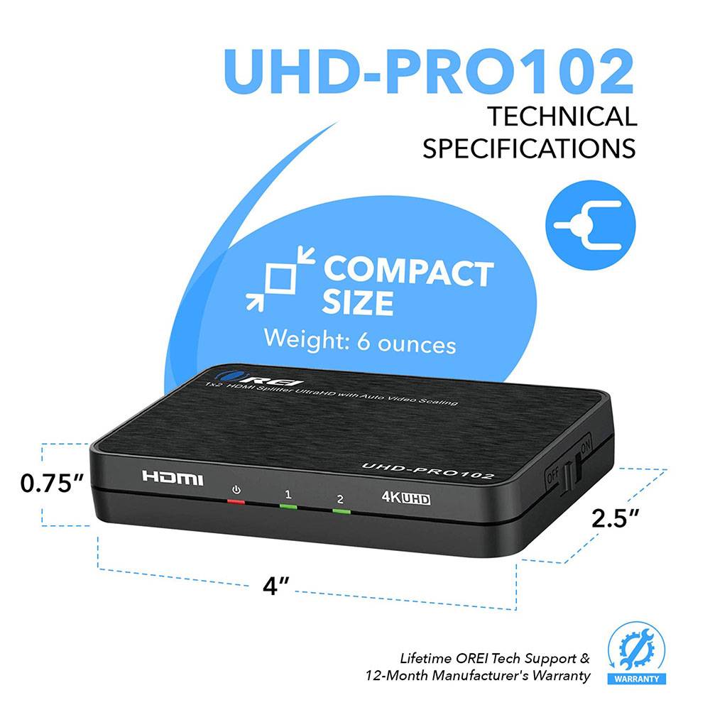 1x2 HDMI Splitter 4K 60Hz - 1 Input 2 Output Ultra HD 4K@60Hz Downscaler with EDID Management (UHD PRO102) - for Home Theater, Gaming & Multi-Monitor Setup