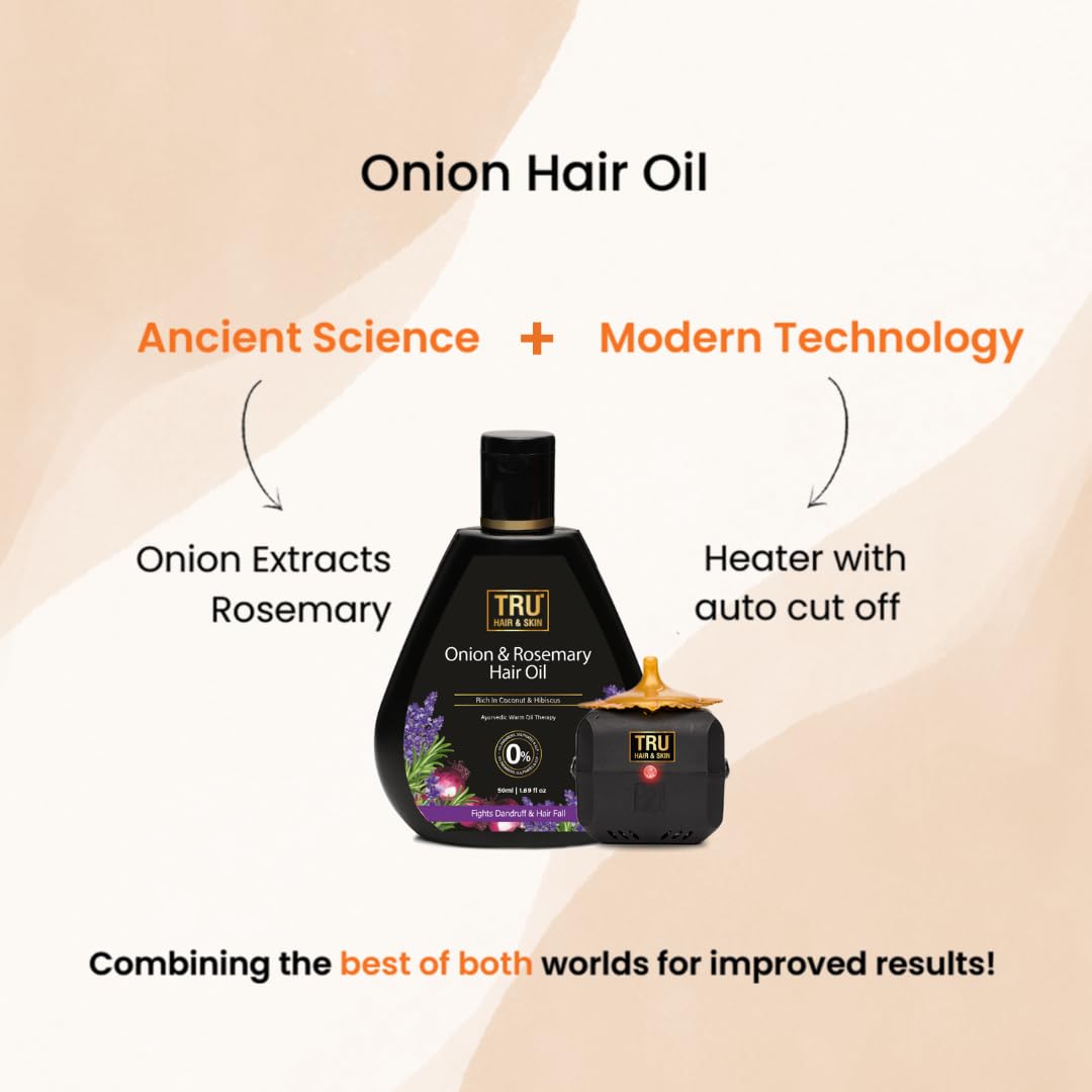 TRU HAIR & SKIN Onion & Rosemary Hair Growth Oil - 100% Pure Natural Treatment for Hair Loss & Thinning Hair - 110ml with Free Hair Heater | Perfect for Daily Scalp Massage & Overnight Hair Care