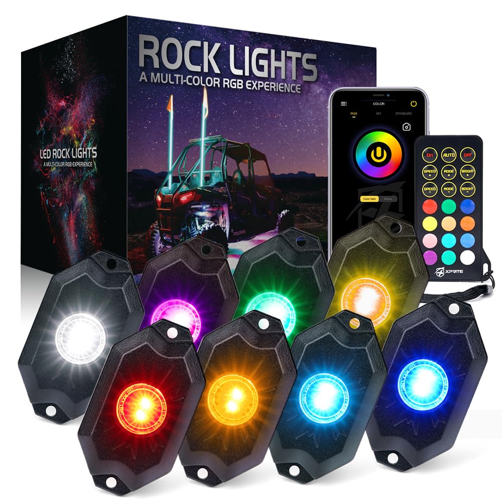 Xprite RGBW LED Rock Lights Kit with Bluetooth & Wireless Remote - 8 Pods Multicolor Underglow Lights for Cars, Trucks, SUVs, UTVs, ATVs, Motorcycles & Boats - Perfect for Off-Roading, Car Shows & Night Cruising