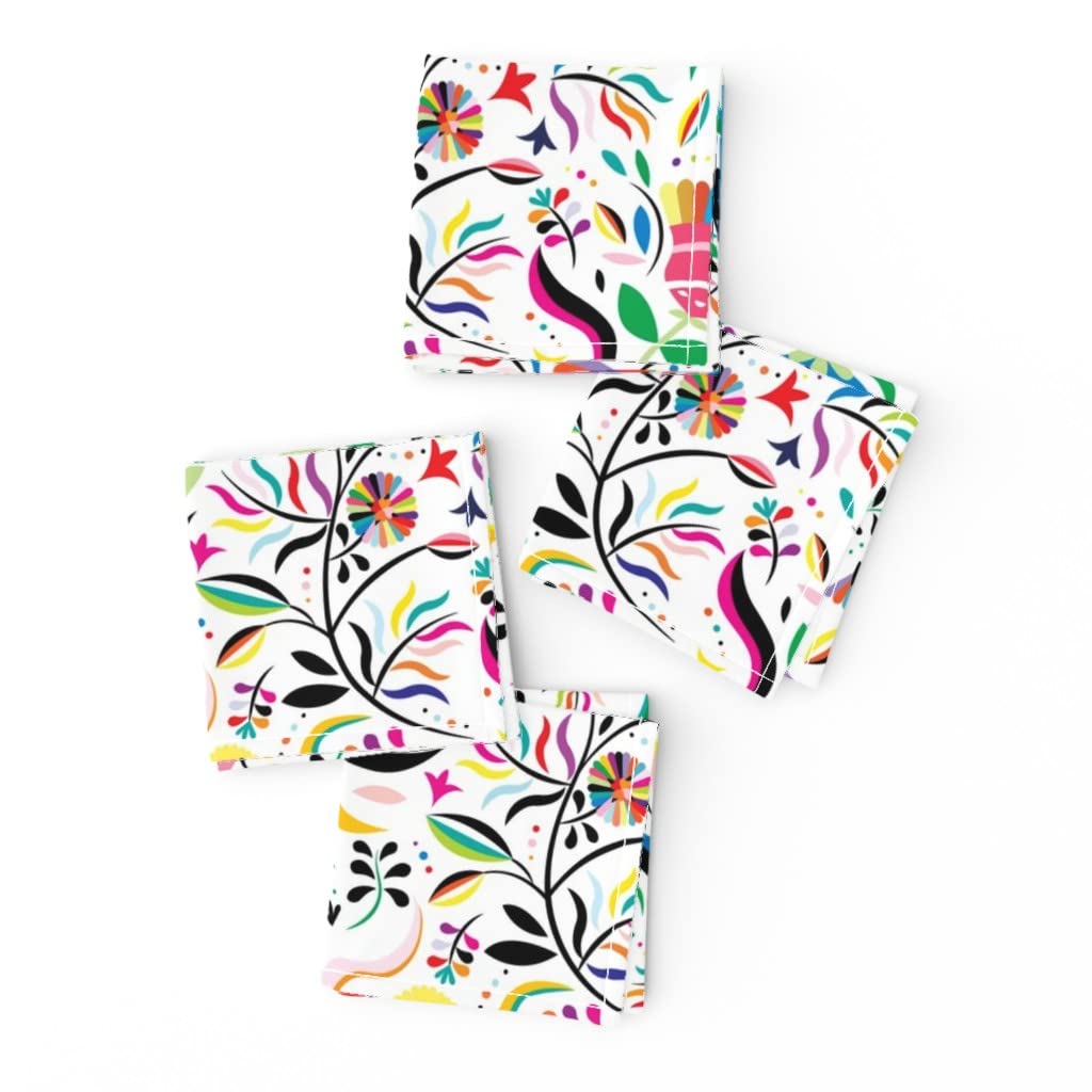 Floral Folk Art Cocktail Napkins Set of 4 - Linen Cotton Canvas Botanical Leaves Spring Rainbow Flowers Print - Perfect for Parties, Weddings & Home Decor