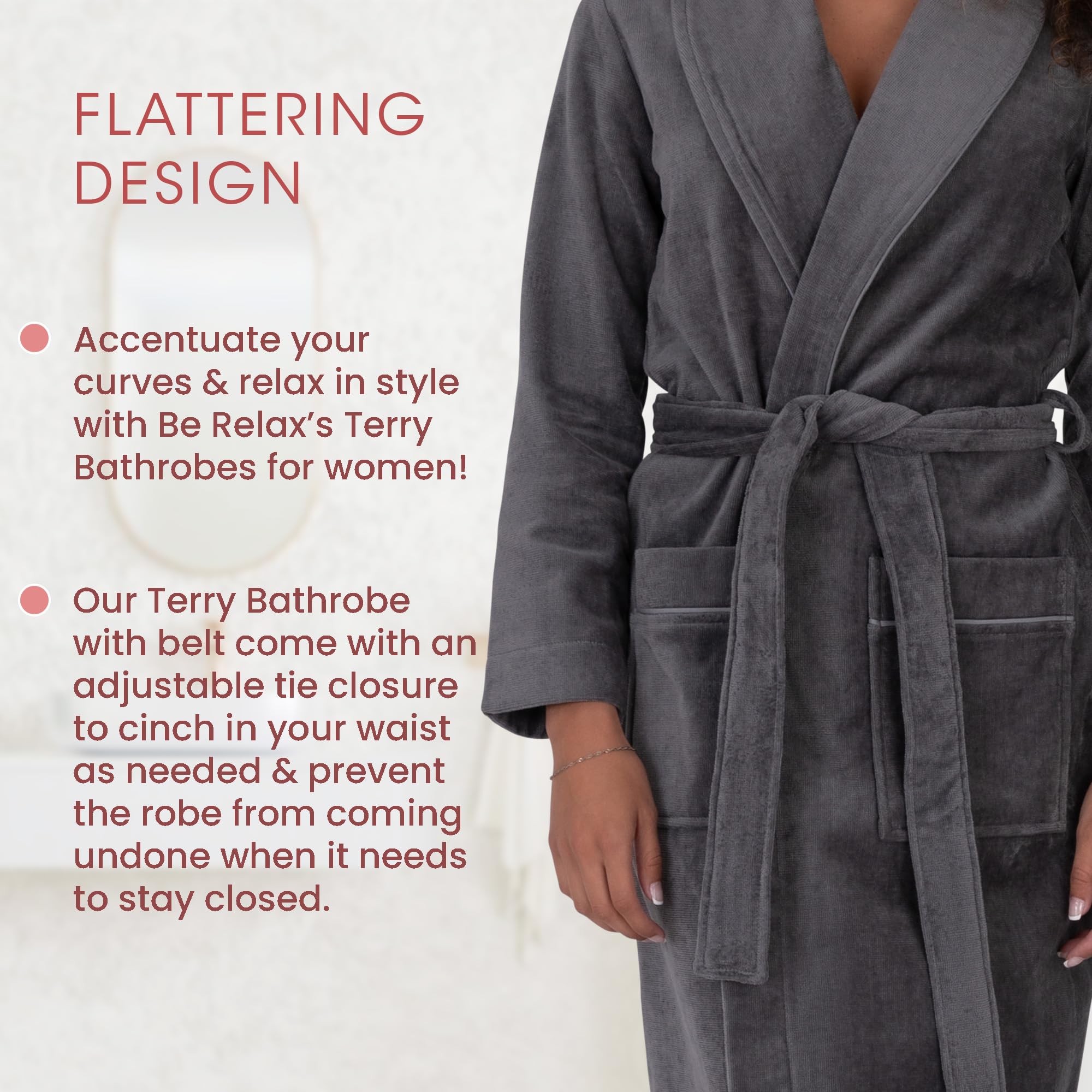 Be Relax Women's Soft Terry Cloth Bathrobe - Knee Length Spa Robe with Belt & Front Pockets | Cozy Loungewear for Home, Hotel & After Shower Relaxation