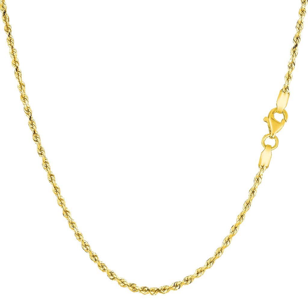 14K Real Yellow Gold Hollow Rope Chain Necklace - 1.50mm, 2mm or 2.5mm Thick - Lobster Claw Clasp - 16