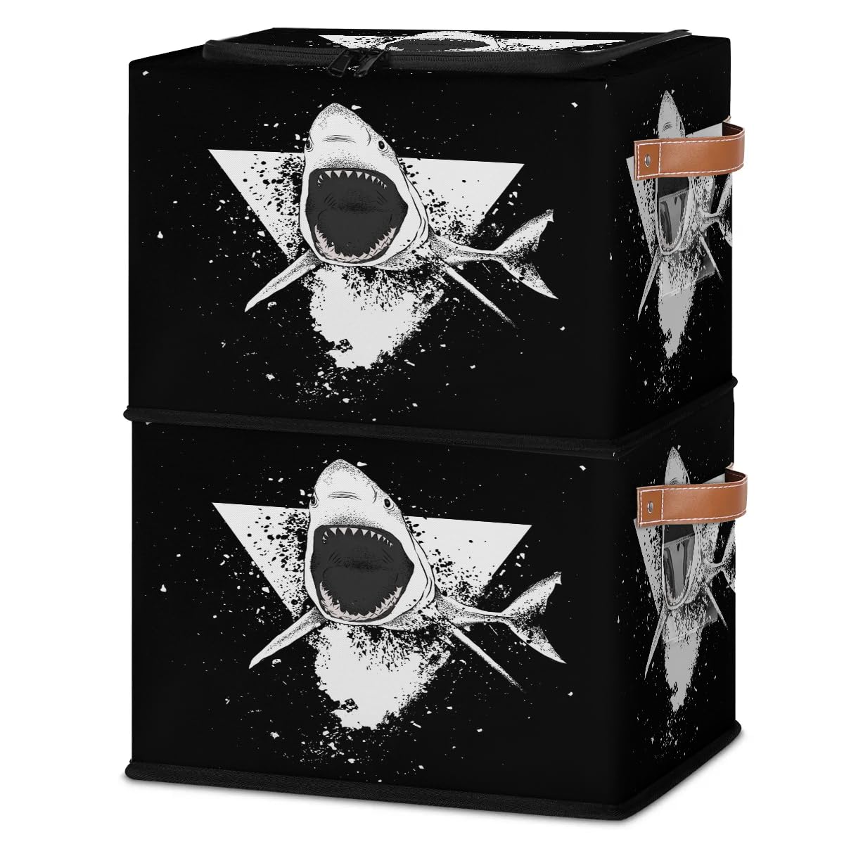 Shark Triangle Storage Bins with Zipper Lid - Foldable Fabric Storage Baskets for Clothes, Blankets, Toys - Collapsible Closet Organizer with Handles (2 Pack) - Perfect for Kids Room, Nursery, and Home Organization