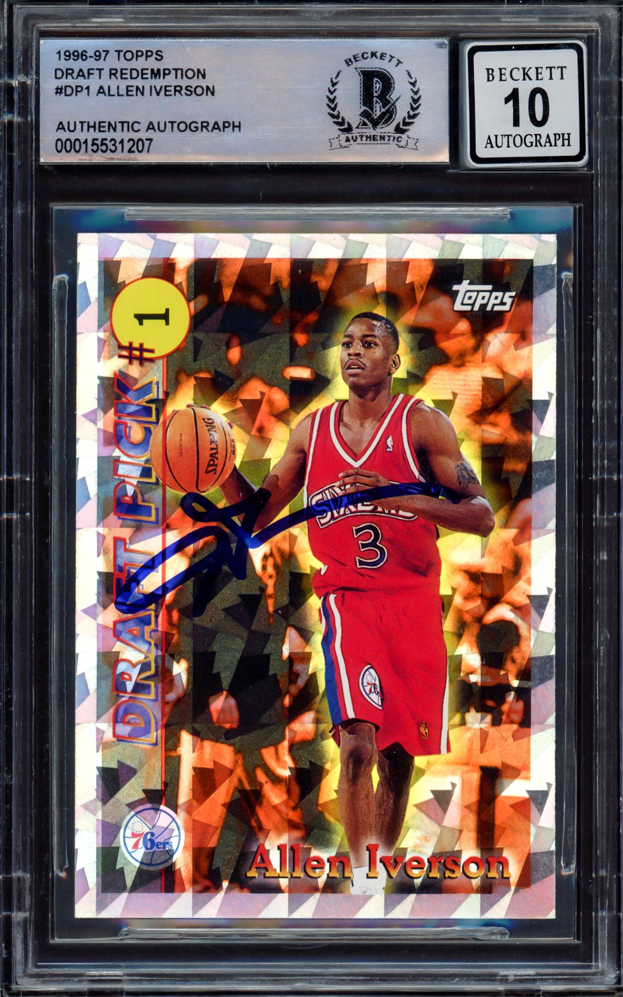 Allen Iverson Autographed 1996-97 Topps Draft Picks Rookie Card #DP1 Philadelphia 76ers - Beckett BAS Gem Mint 10 Grade #15531207 - Perfect for NBA Memorabilia Collectors & Sports Fans Display