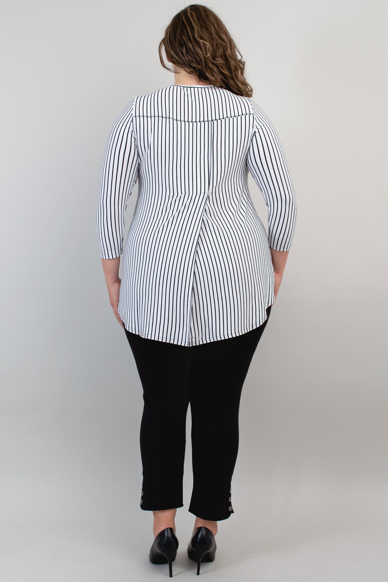 Franny Top - White & Black Small Stripe Bamboo V-Neck T-Shirt for Women | Soft Breathable Eco-Friendly Fabric | Perfect for Casual Wear, Yoga & Summer Outfits