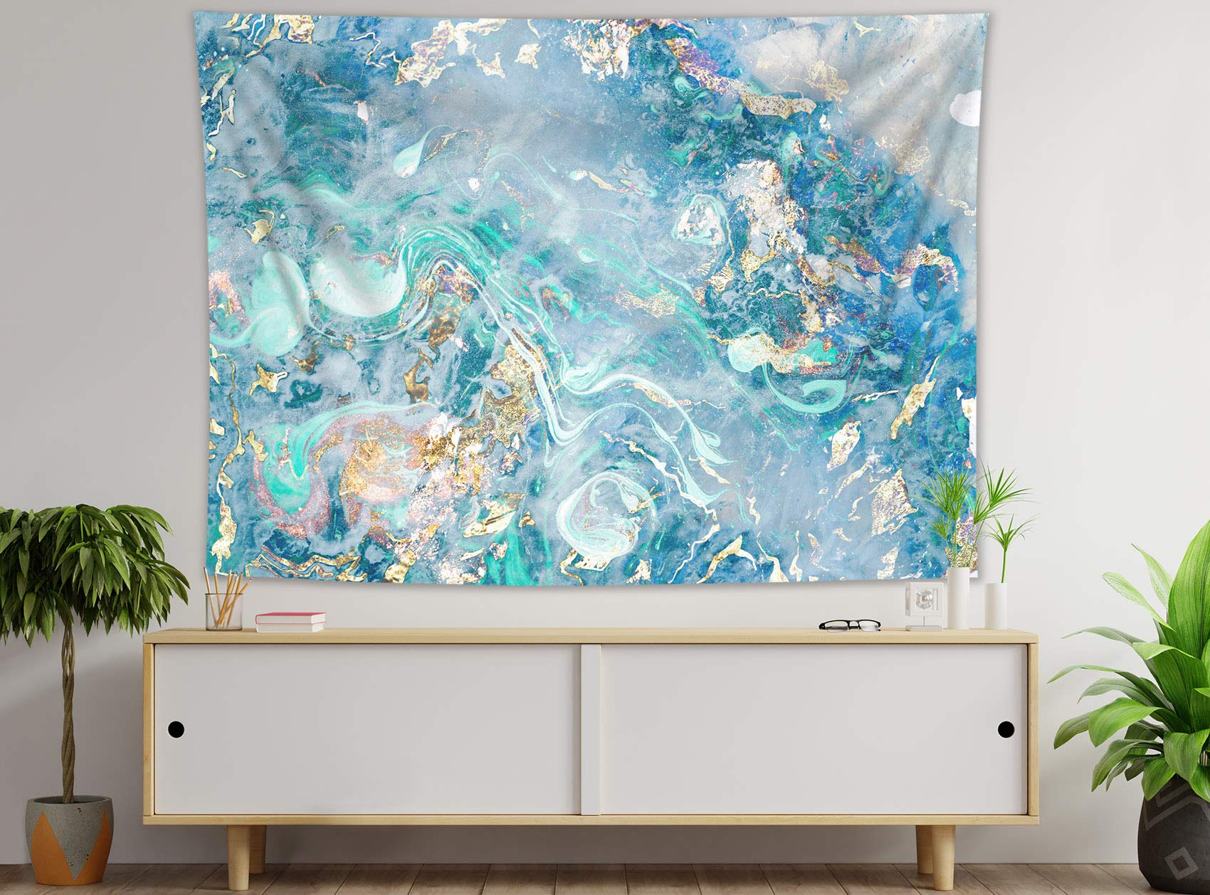 HVEST Modern Marble Abstract Tapestry - Blue Gold Gouache Ocean Art, Natural Swirl Design, 92.5x70.9 Inch, Wall Hanging for Living Room, Bedroom, Teen Dorm, Indie Decor, Perfect for Home Office and Meditation Spaces