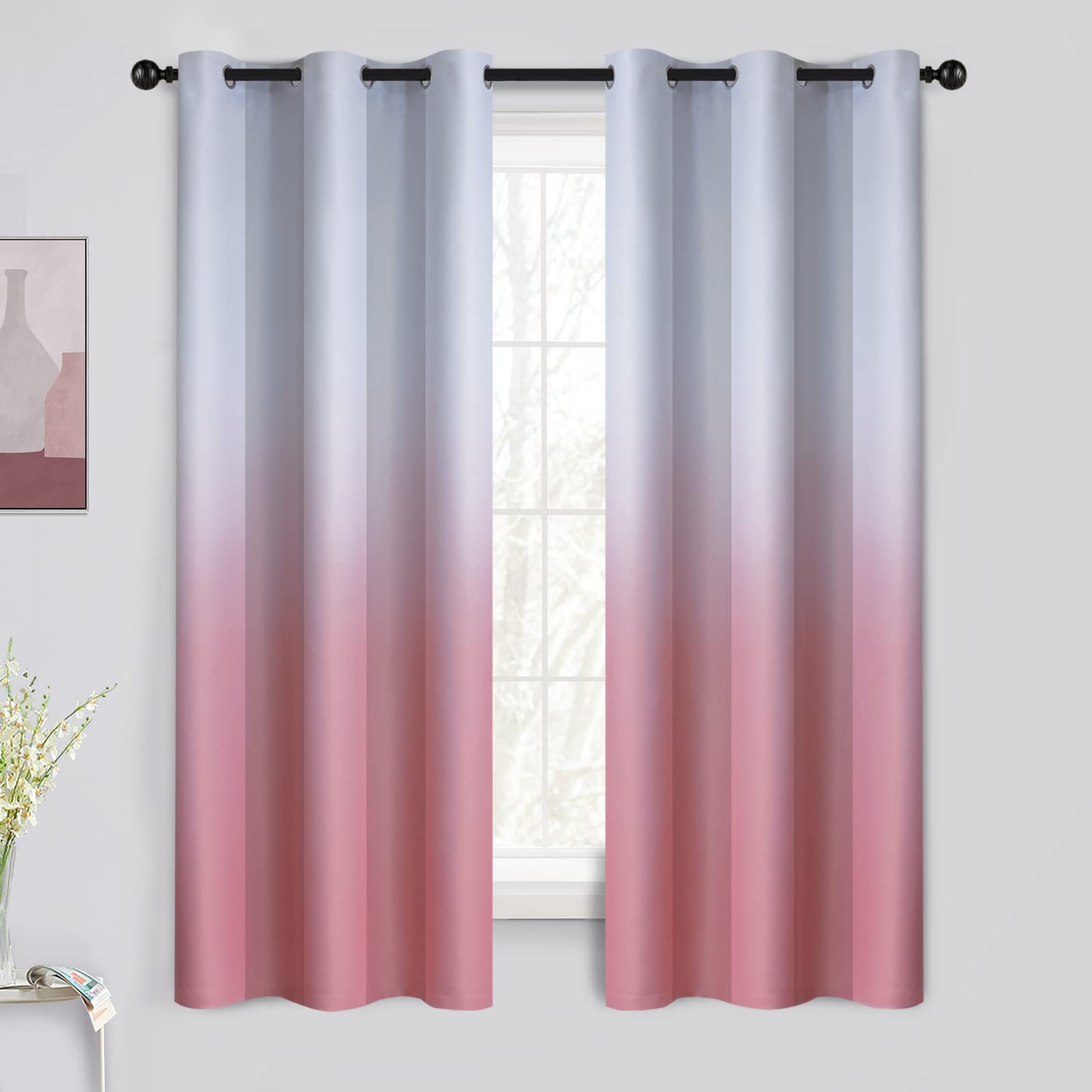 Yakamok Grommet Room Darkening Ombre Curtains - 42x63 Inch Light Blocking Thermal Insulated Window Drapes in Pink & Greyish White Gradient (Set of 2 Panels) for Bedroom, Living Room & Home Decor - Perfect for Light Control, Privacy & Energy Efficiency