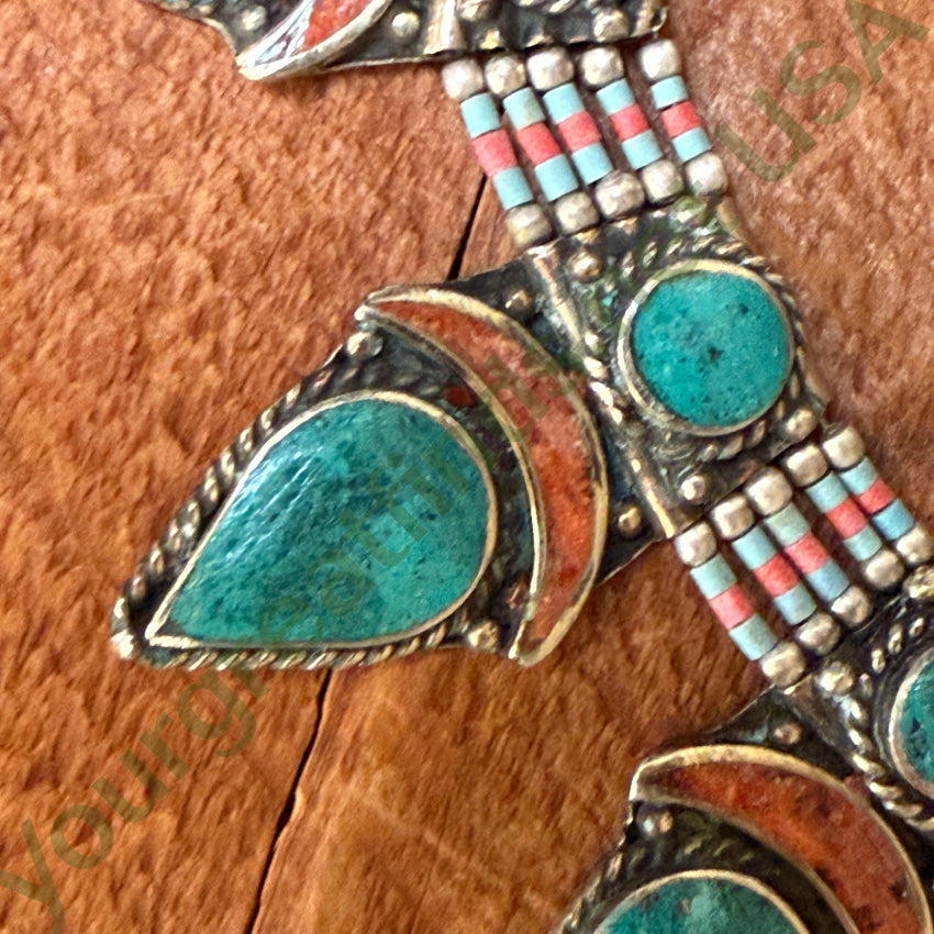 Handmade Tibetan Alpaca Silver Necklace with Turquoise & Coral Beads - Boho Chic Jewelry for Women, Perfect for Festivals, Weddings & Everyday Wear