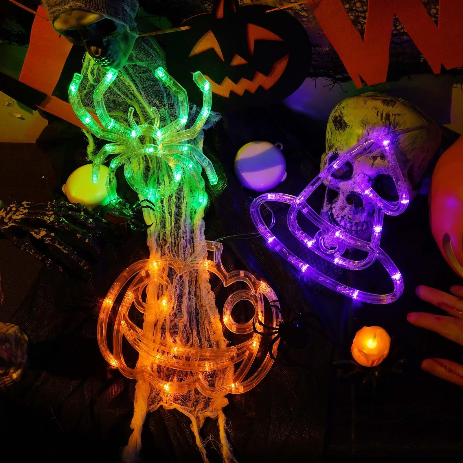 3 Pack Halloween Decorations - Orange Pumpkin, Purple Witch Hat & Green Spider LED Lights with Suction Cups | Battery Operated, Timer & 2 Lighting Modes | Perfect for Window, Door & Indoor Halloween Party Decorations
