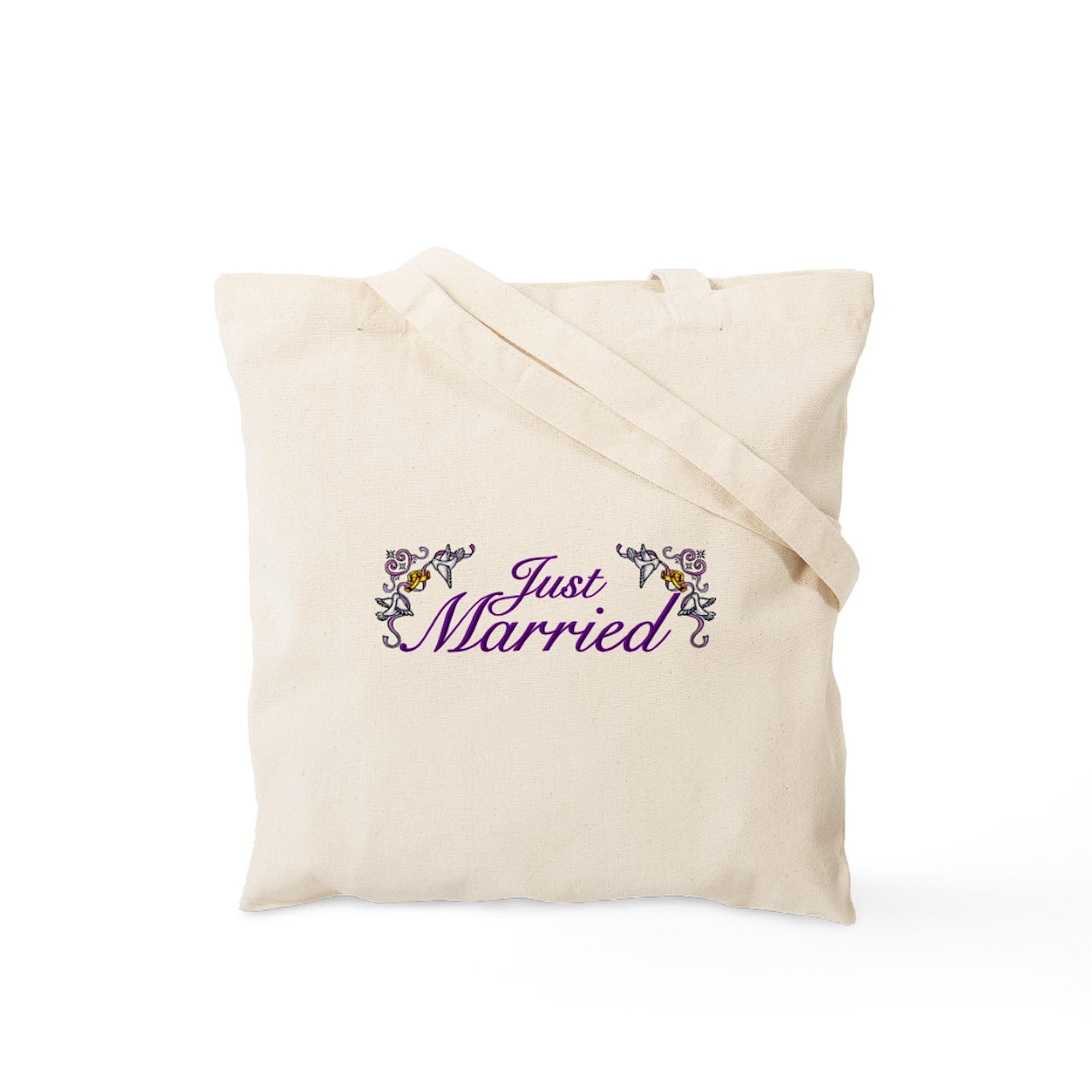 Just Married Purple Tote Bag - Natural Canvas Reusable Grocery Shopping Bag for Bridal Showers, Bachelorette Parties & Honeymoon Travel