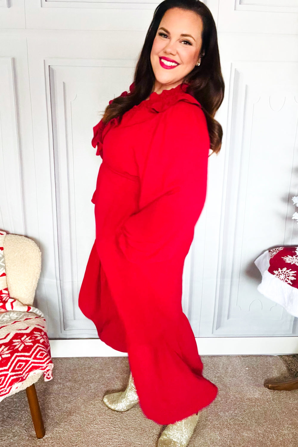 Elegant Holiday Red Overlap Ruffle V-Neck Midi Dress for Women | Christmas Party, Cocktail Event & Special Occasion Outfit