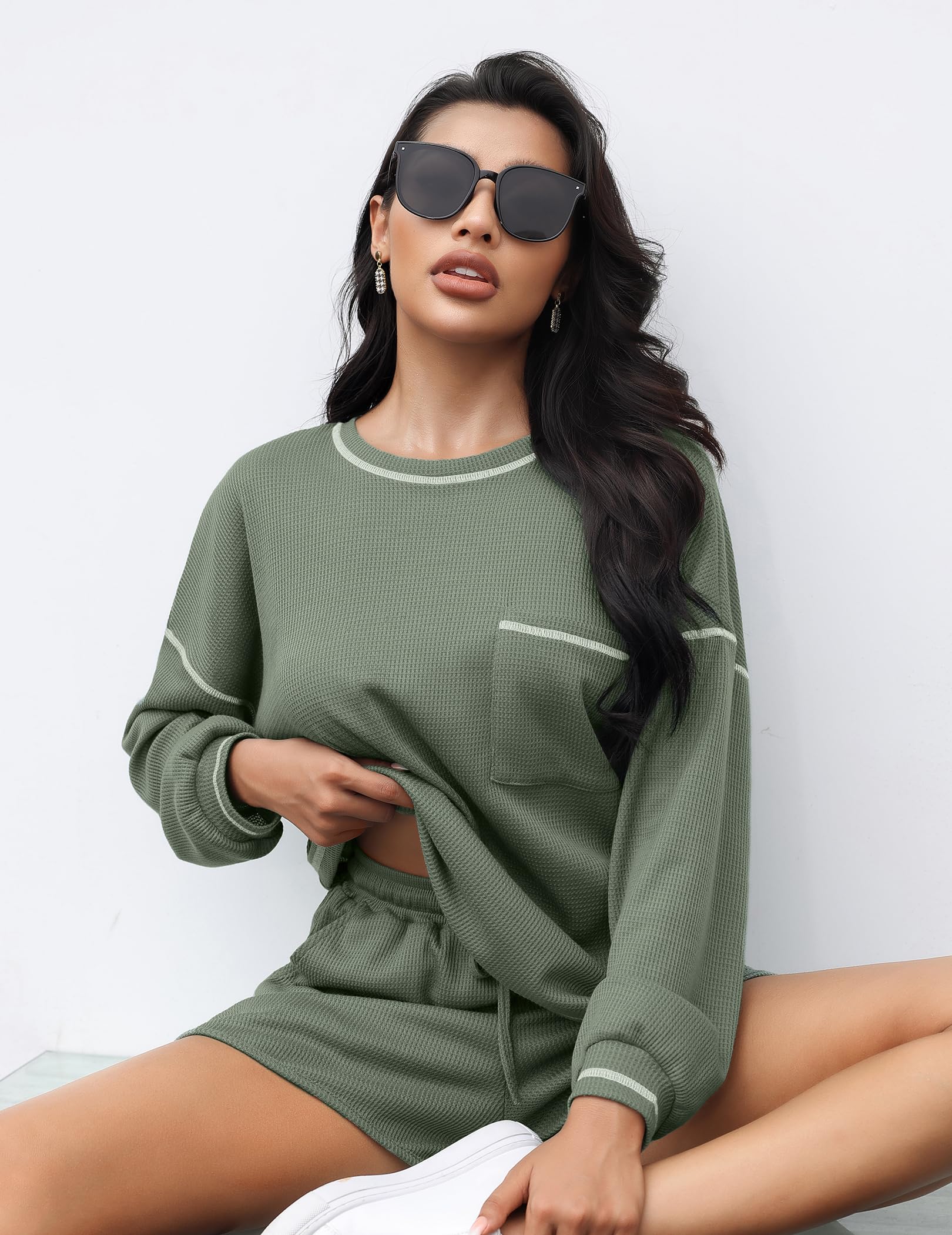 Andeip Women's 2 Piece Casual Outfit - Short Sleeve Waffle Knit Top & Drawstring Shorts Lounge Set | Summer Comfort Wear for Home, Beach & Vacation