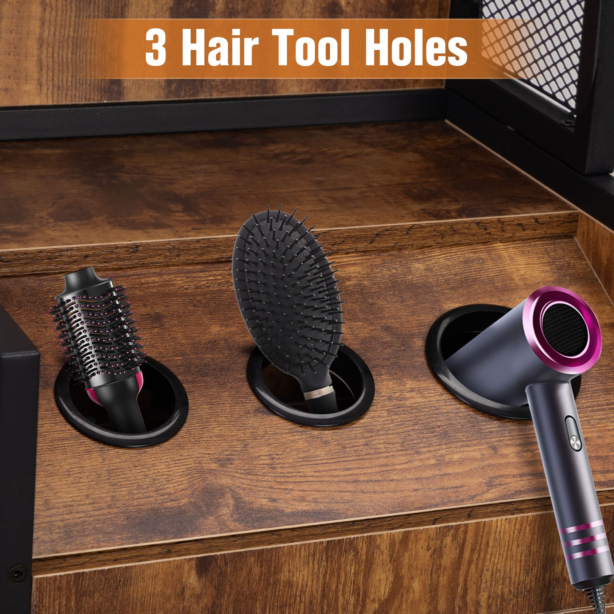 Professional Industrial Style Hair Salon Station - Heavy Duty Beauty Equipment for Stylists, Spas & Barbers - Rustic Brown Storage Cabinet with 3 Hair Dryer Holes & Lockable Drawers - Perfect for Salon Organization & Client Workstations